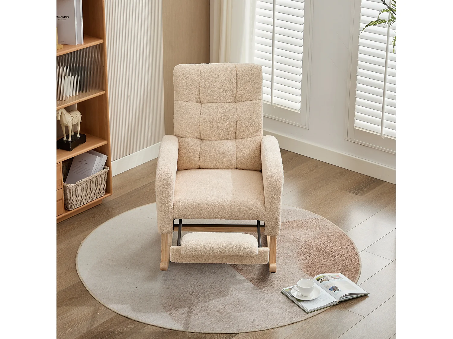 Fauteuil à bascule 132x50x99cm - Structure en bois massif - Velours - beige