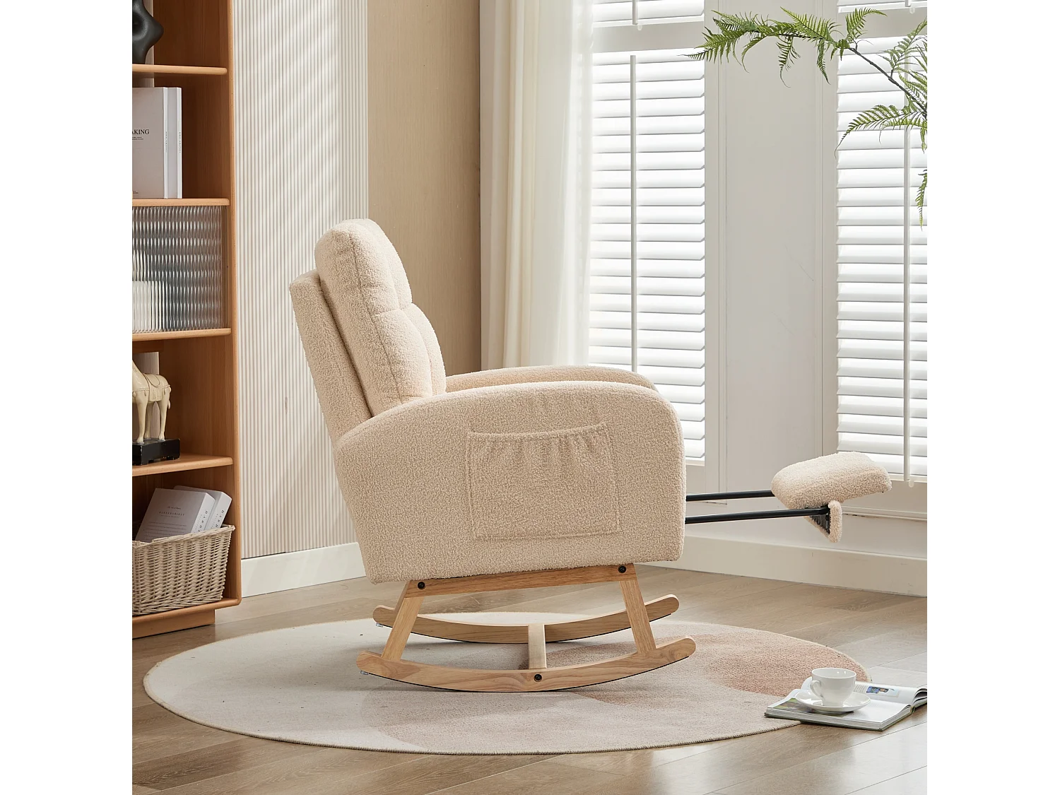 Fauteuil à bascule 132x50x99cm - Structure en bois massif - Velours - beige