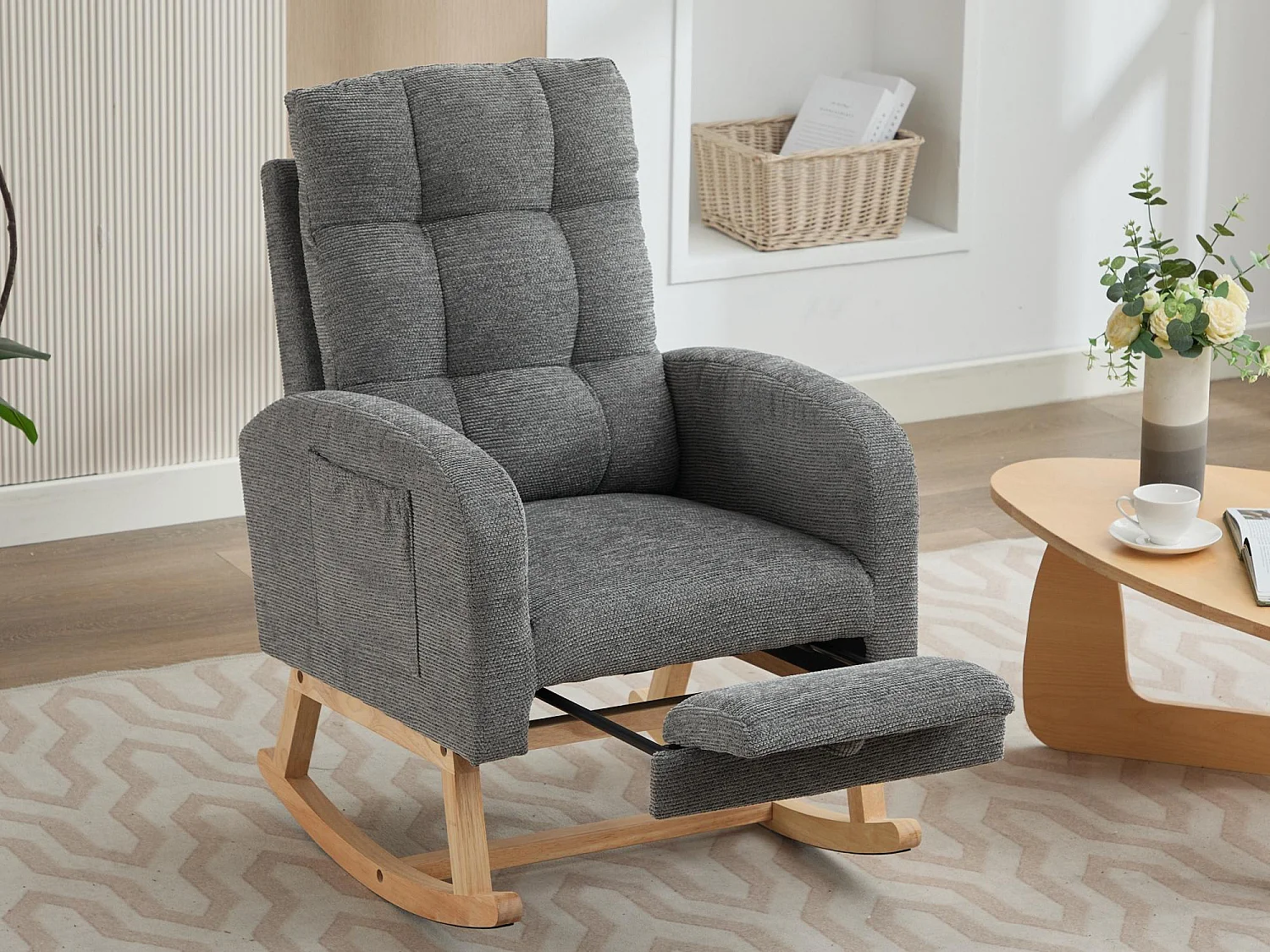 Fotel bujany 132x50x99cm - Konstrukcja z litego drewna - Welur - Szary