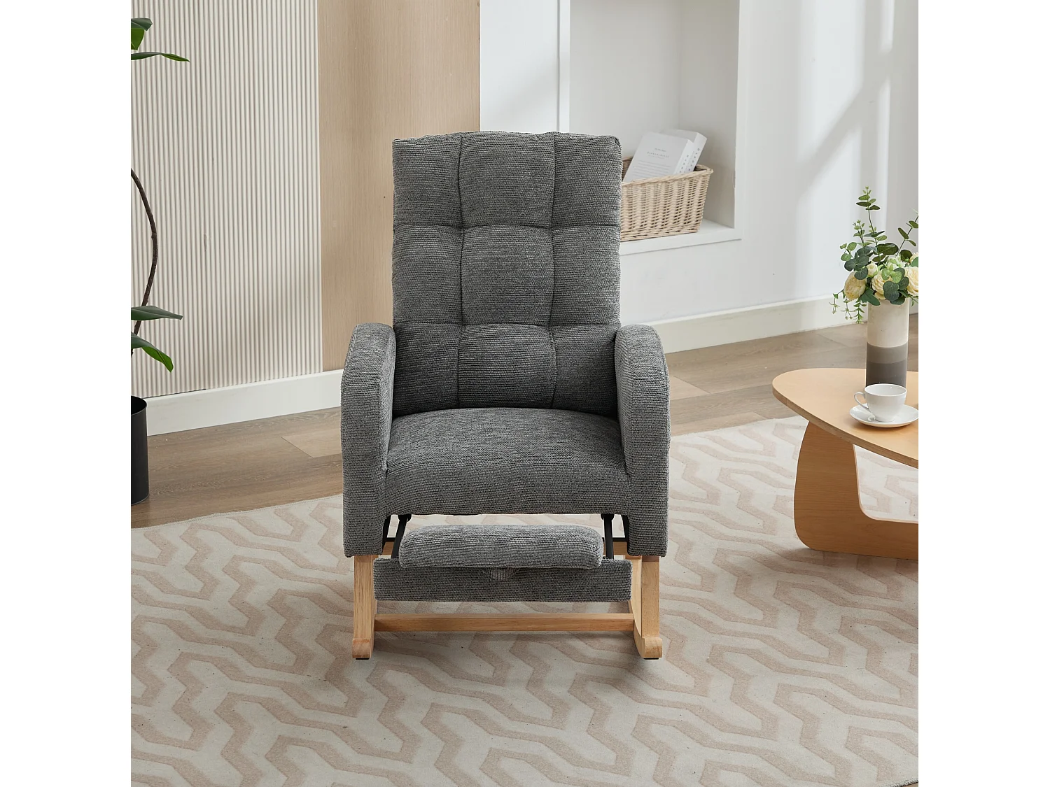 Fotel bujany 132x50x99cm - Konstrukcja z litego drewna - Welur - Szary