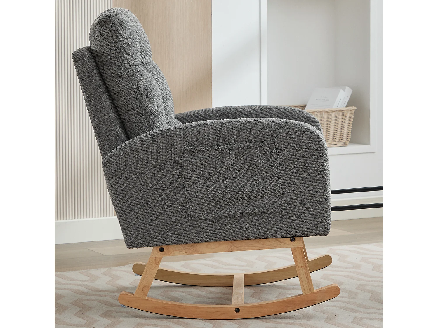 Fotel bujany 132x50x99cm - Konstrukcja z litego drewna - Welur - Szary