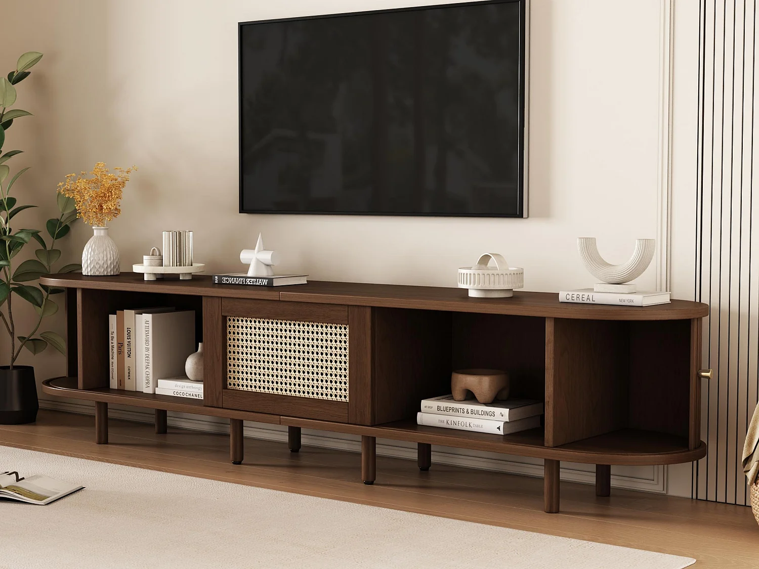 Meuble TV 180x40x40 cm - design rotin - pieds réglables - avec 2 portes - marron