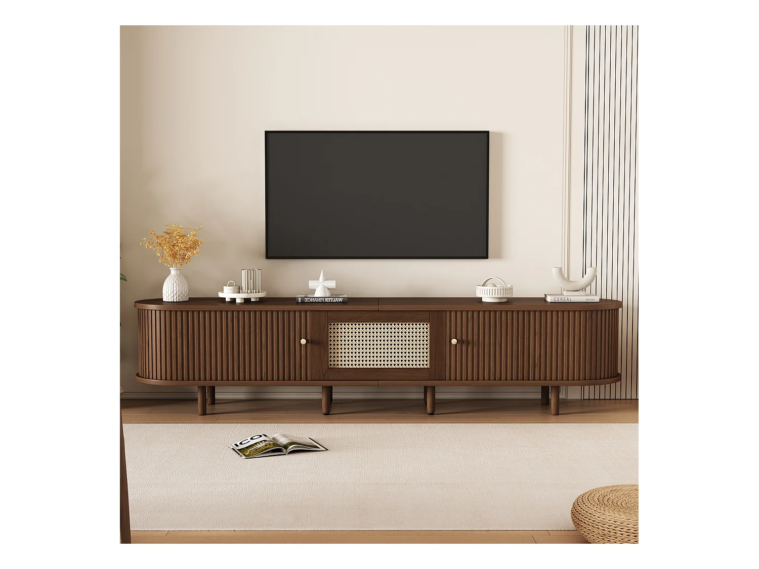 Meuble TV 180x40x40 cm - design rotin - pieds réglables - avec 2 portes - marron