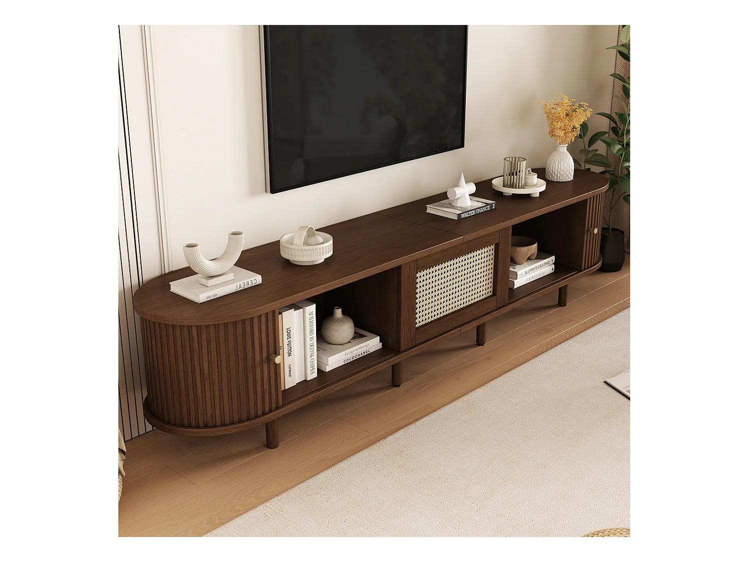 Meuble TV 180x40x40 cm - design rotin - pieds réglables - avec 2 portes - marron