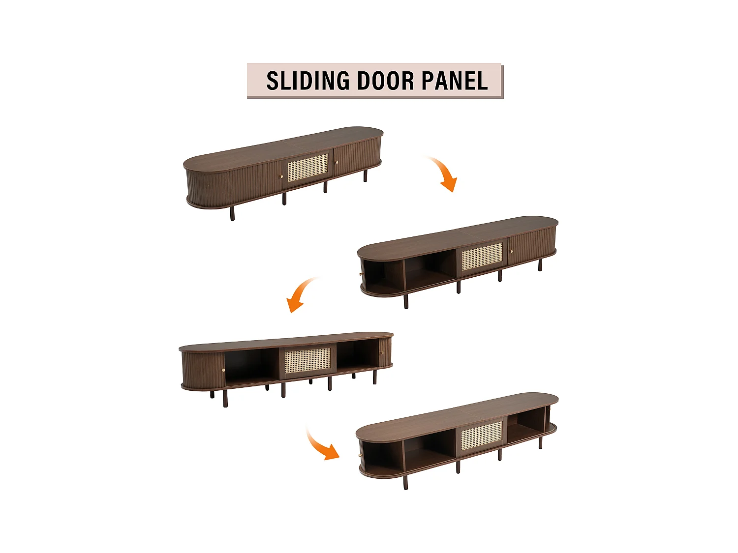 Meuble TV 180x40x40 cm - design rotin - pieds réglables - avec 2 portes - marron