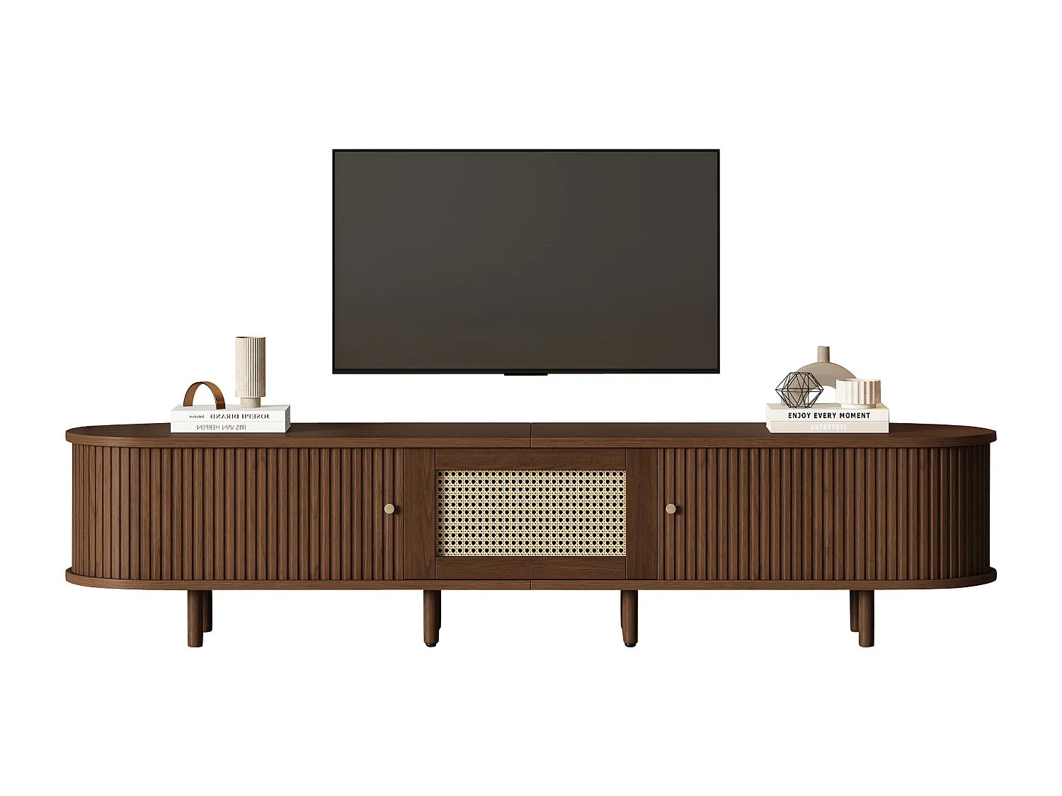 Meuble TV 180x40x40 cm - design rotin - pieds réglables - avec 2 portes - marron