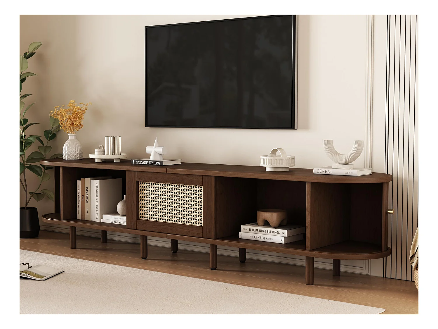 Meble TV 180x40x40 cm - design rattanowy - regulowane nogi - z 2 drzwiami - brązowy