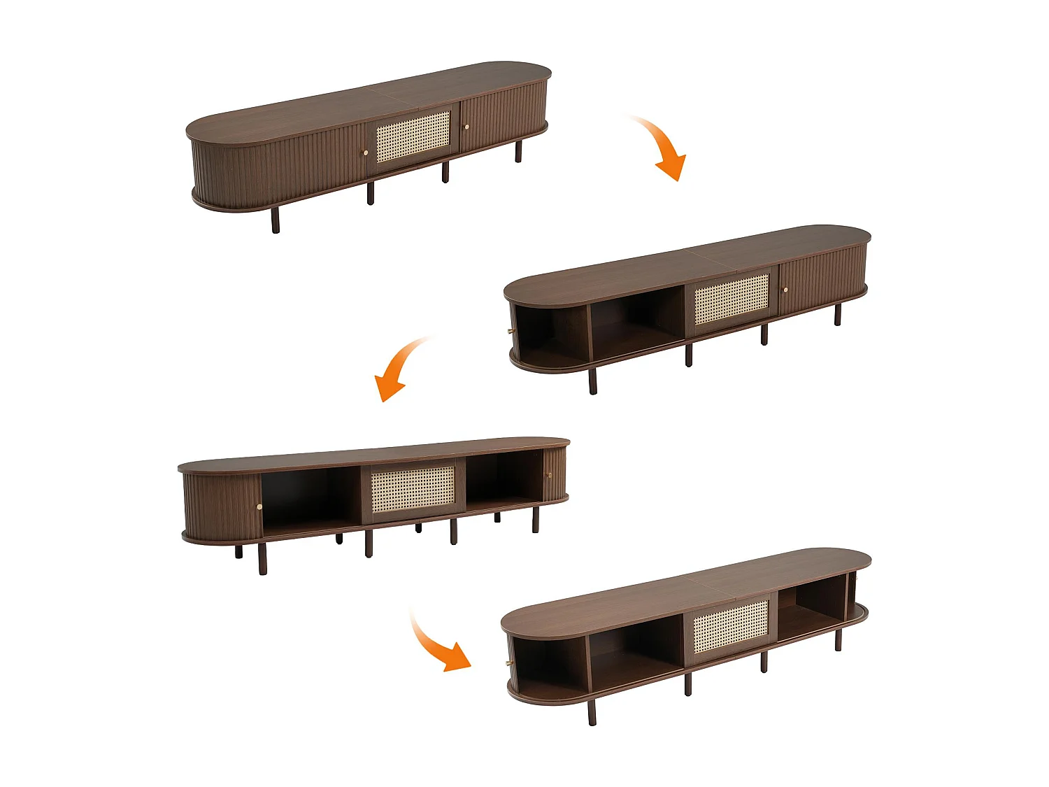 Meuble TV 180x40x40 cm - design rotin - pieds réglables - avec 2 portes - marron