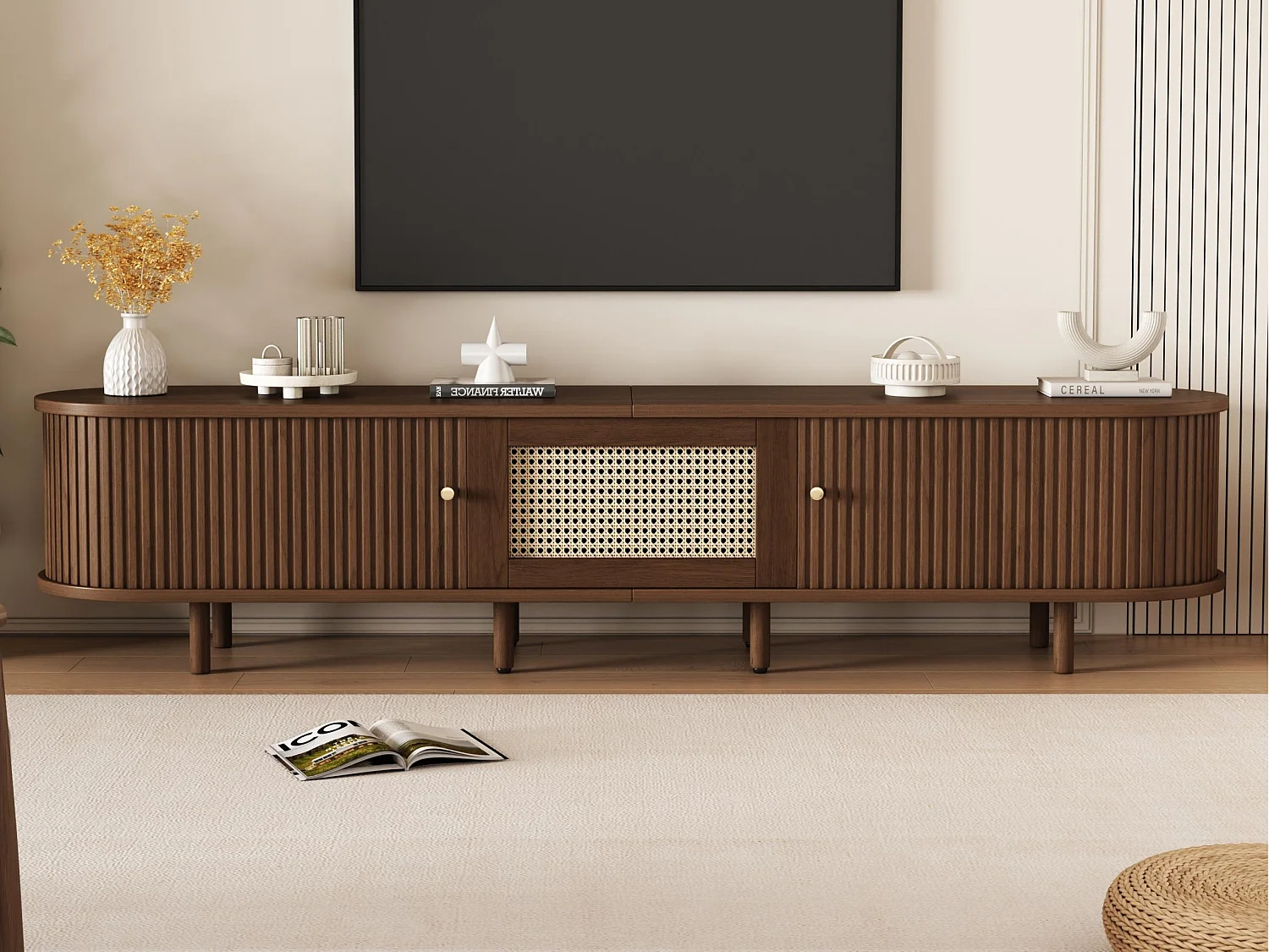 Meuble TV 180x40x40 cm - design rotin - pieds réglables - avec 2 portes - marron
