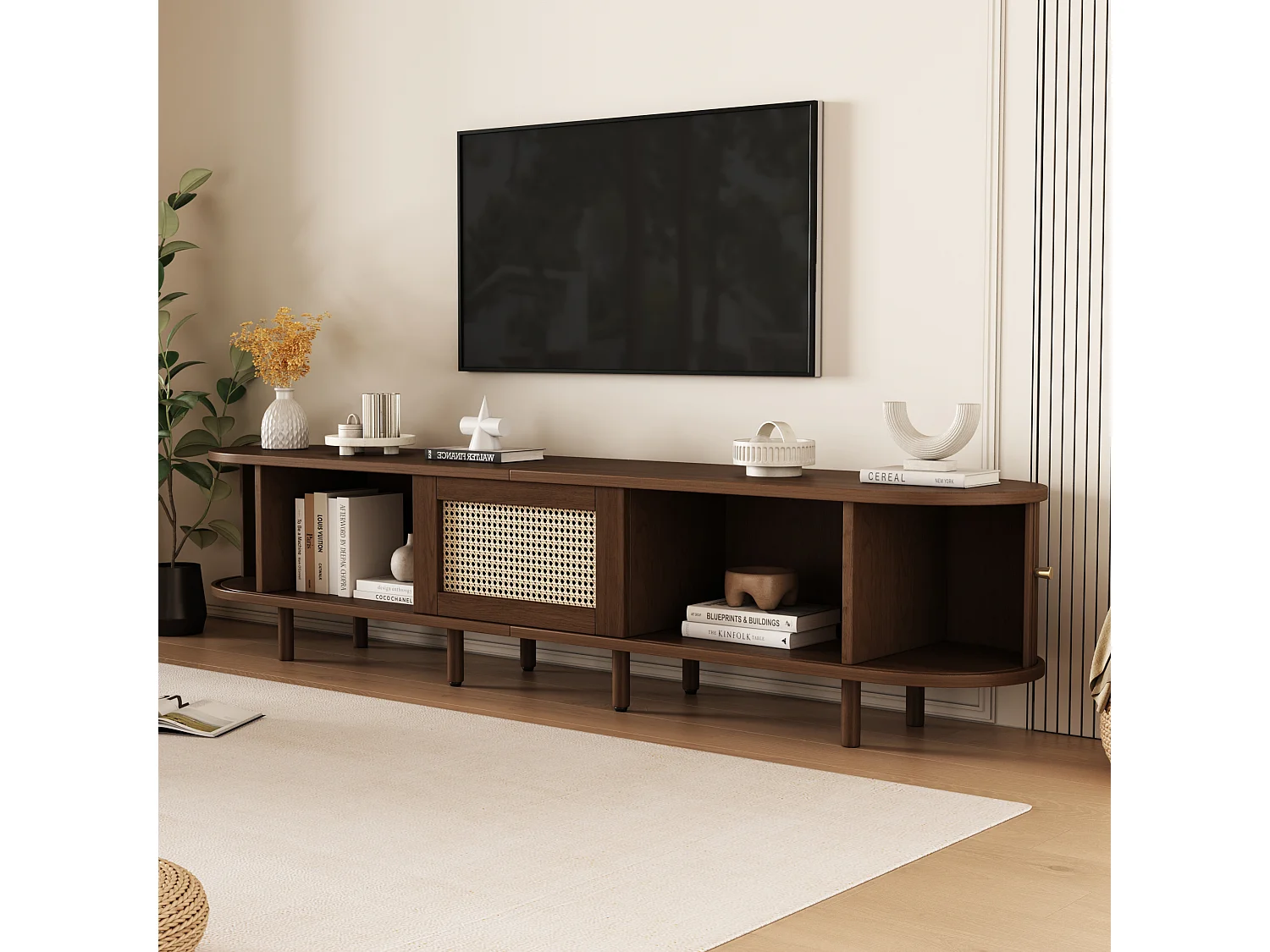 Meuble TV 180x40x40 cm - design rotin - pieds réglables - avec 2 portes - marron