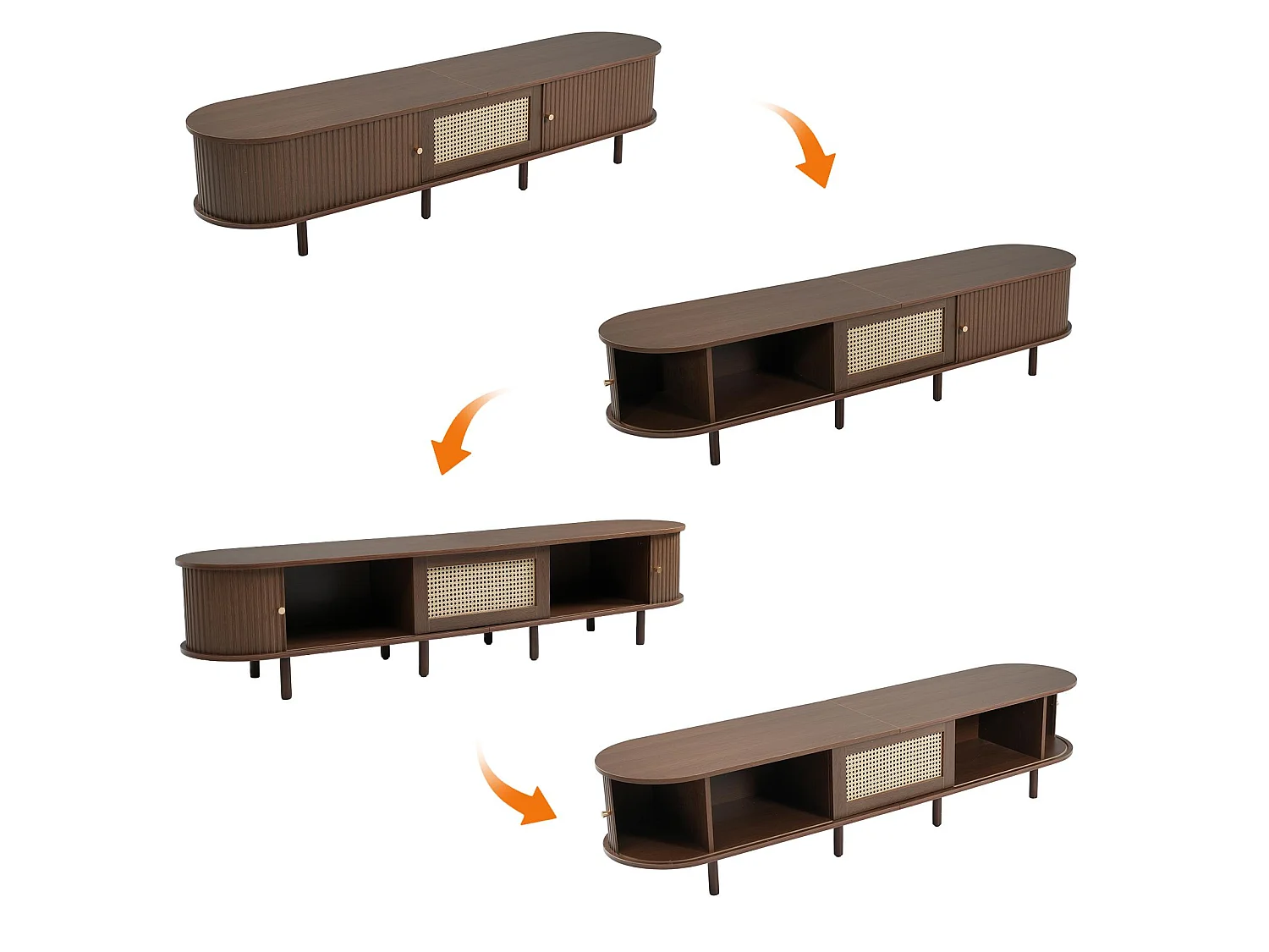 Meuble TV 180x40x40 cm - design rotin - pieds réglables - avec 2 portes - marron