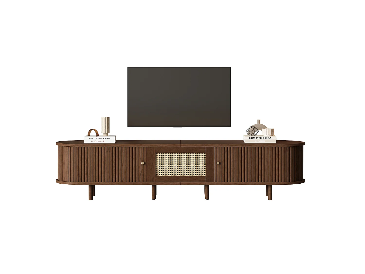 Meuble TV 180x40x40 cm - design rotin - pieds réglables - avec 2 portes - marron