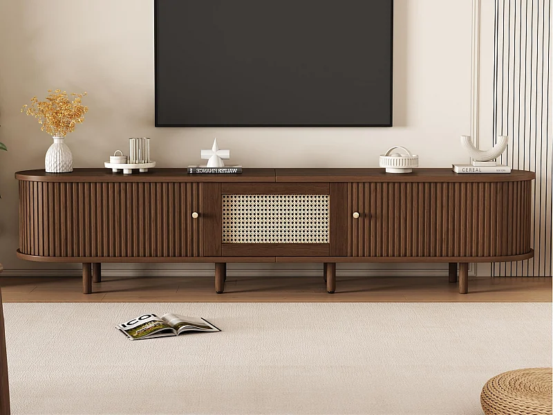 Mobile TV 180x40x40 cm - design in rattan - piedi regolabili - con 2 ante - marrone