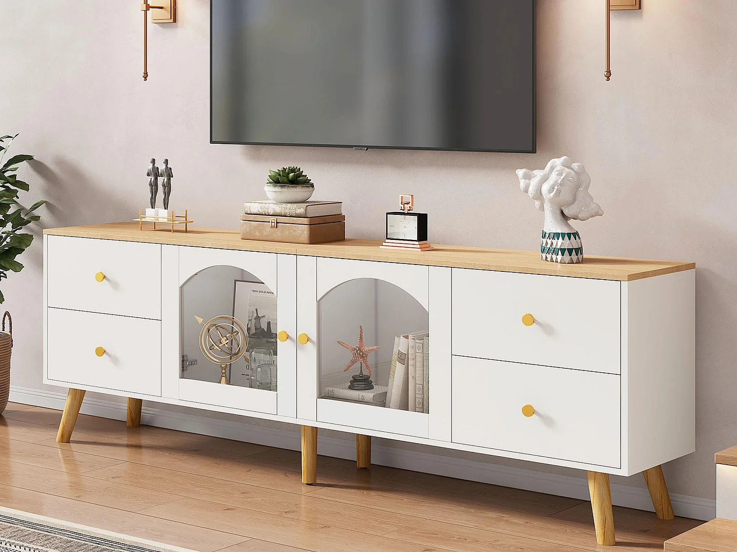 Meble TV 40x160x63,5 cm - z 2 drzwiami - z 4 szufladami - Płyta wiórowa - biała