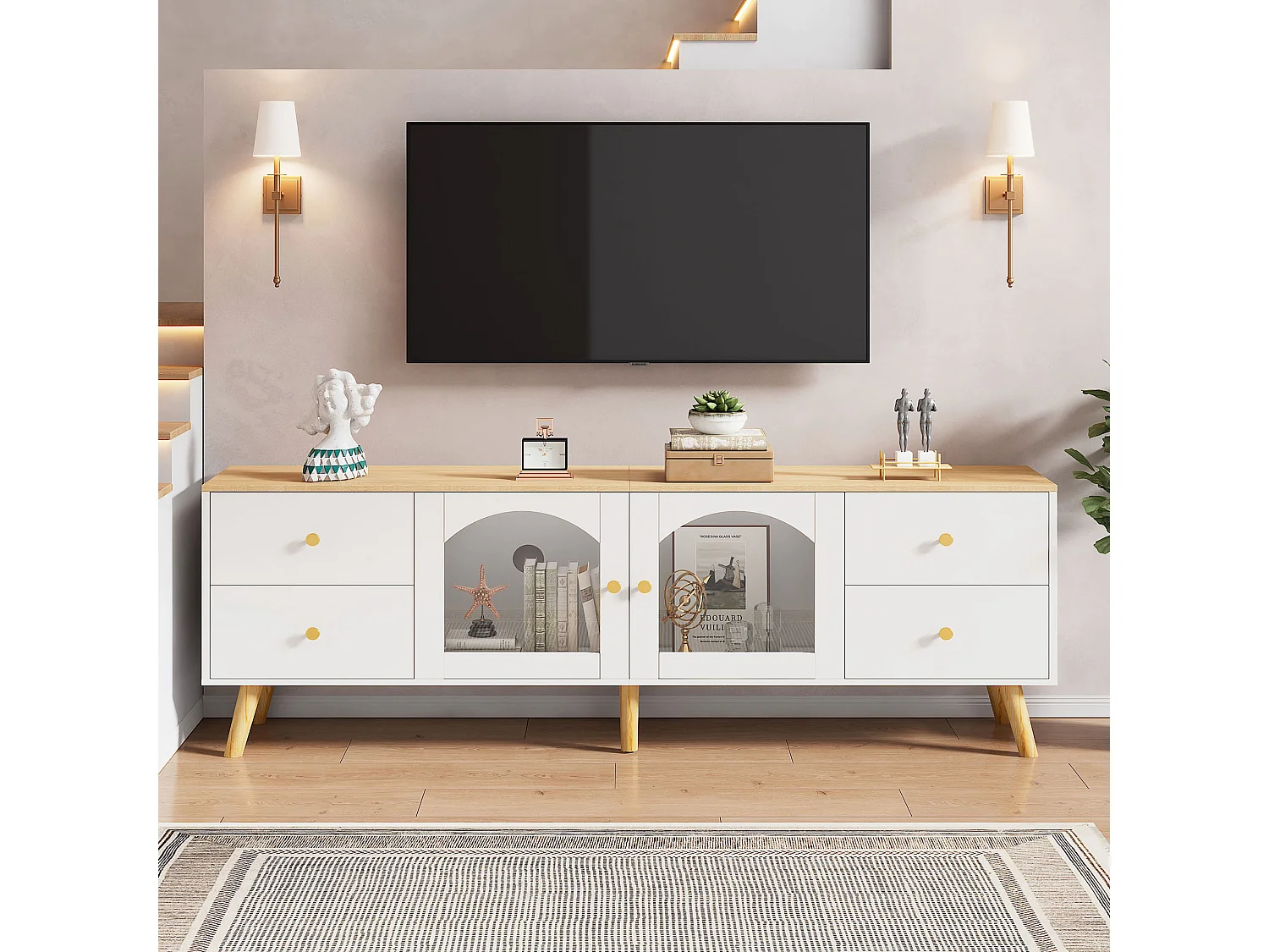 Meble TV 40x160x63,5 cm - z 2 drzwiami - z 4 szufladami - Płyta wiórowa - biała