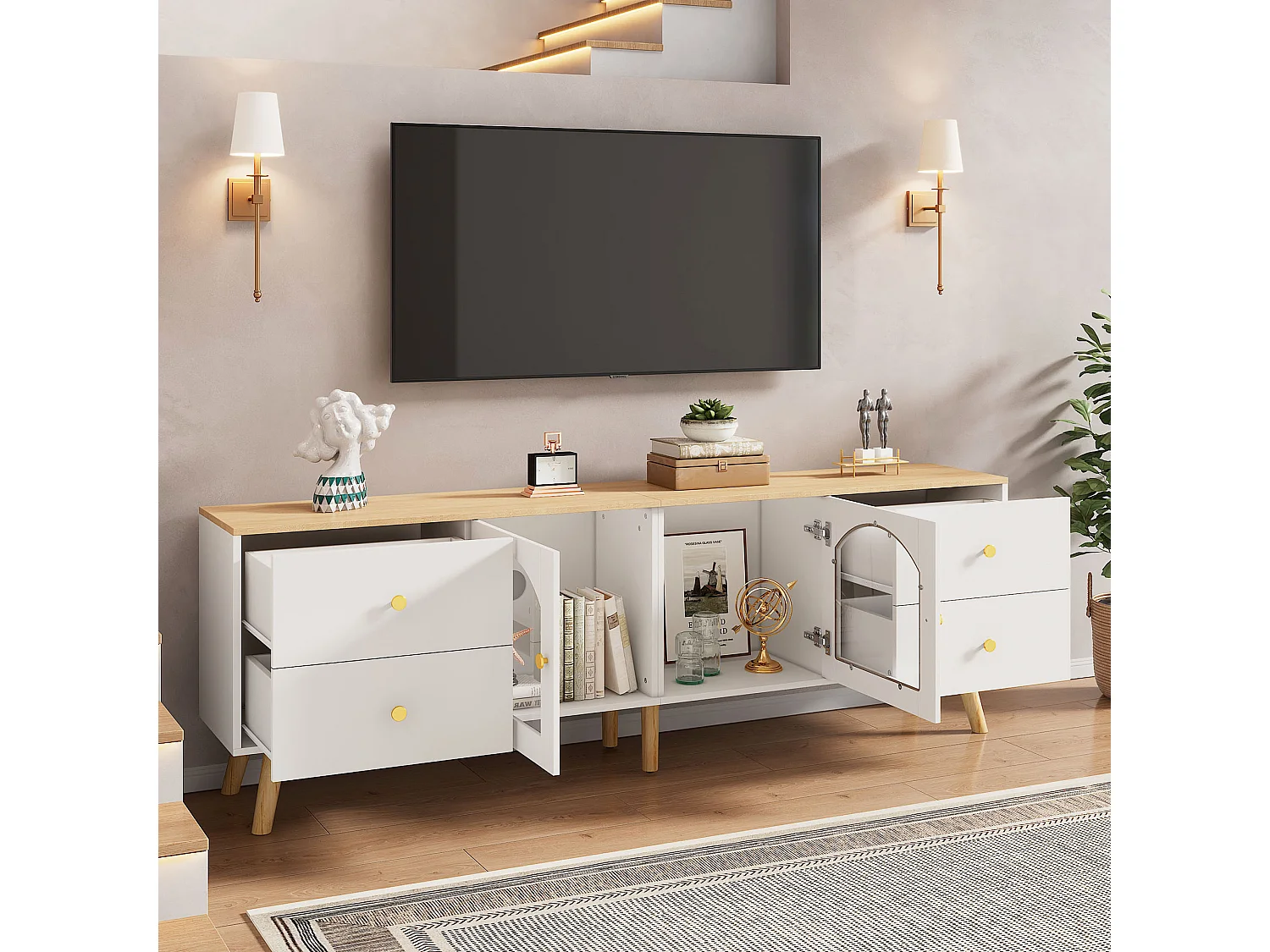 Meble TV 40x160x63,5 cm - z 2 drzwiami - z 4 szufladami - Płyta wiórowa - biała