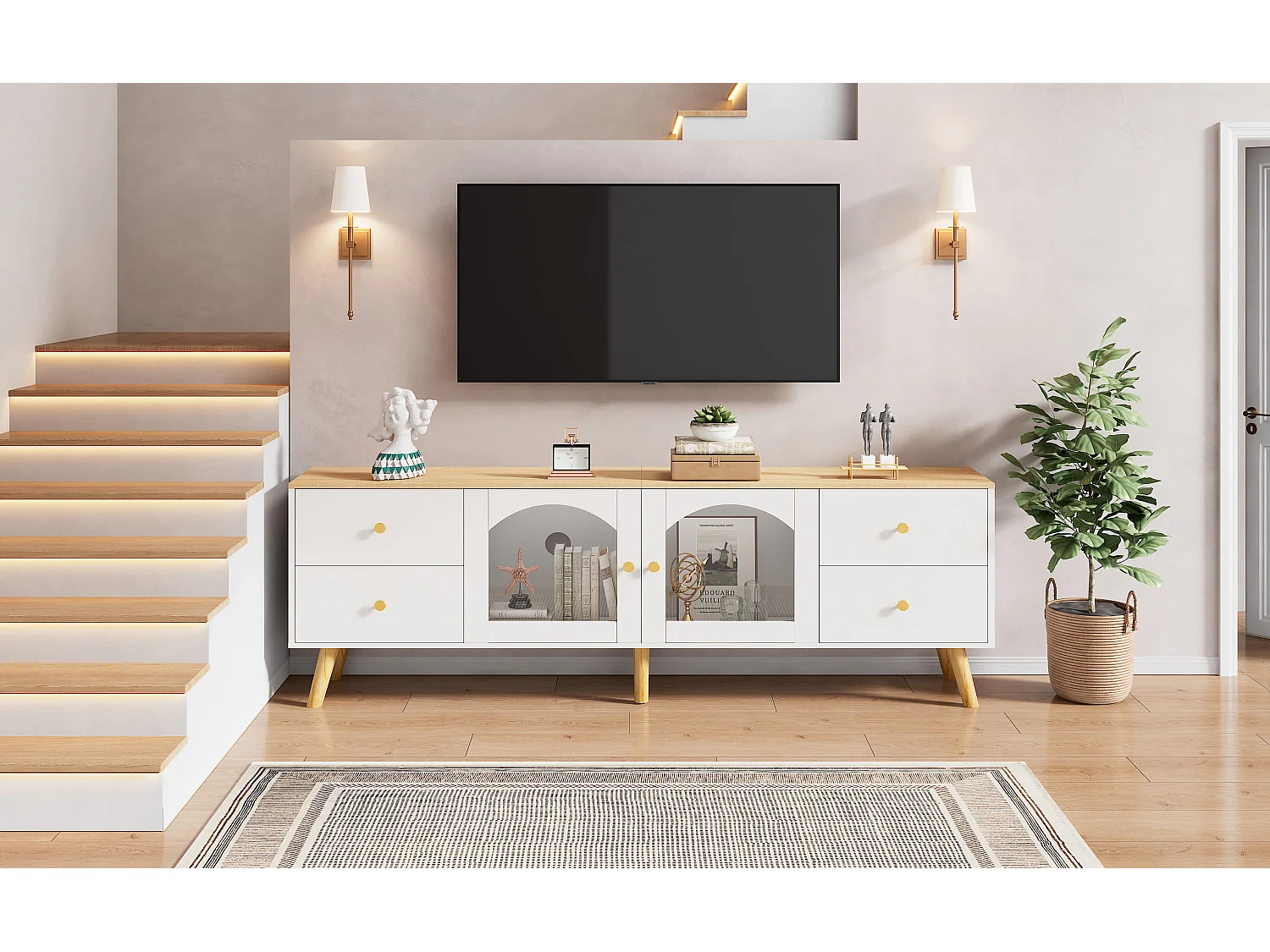 Meble TV 40x160x63,5 cm - z 2 drzwiami - z 4 szufladami - Płyta wiórowa - biała