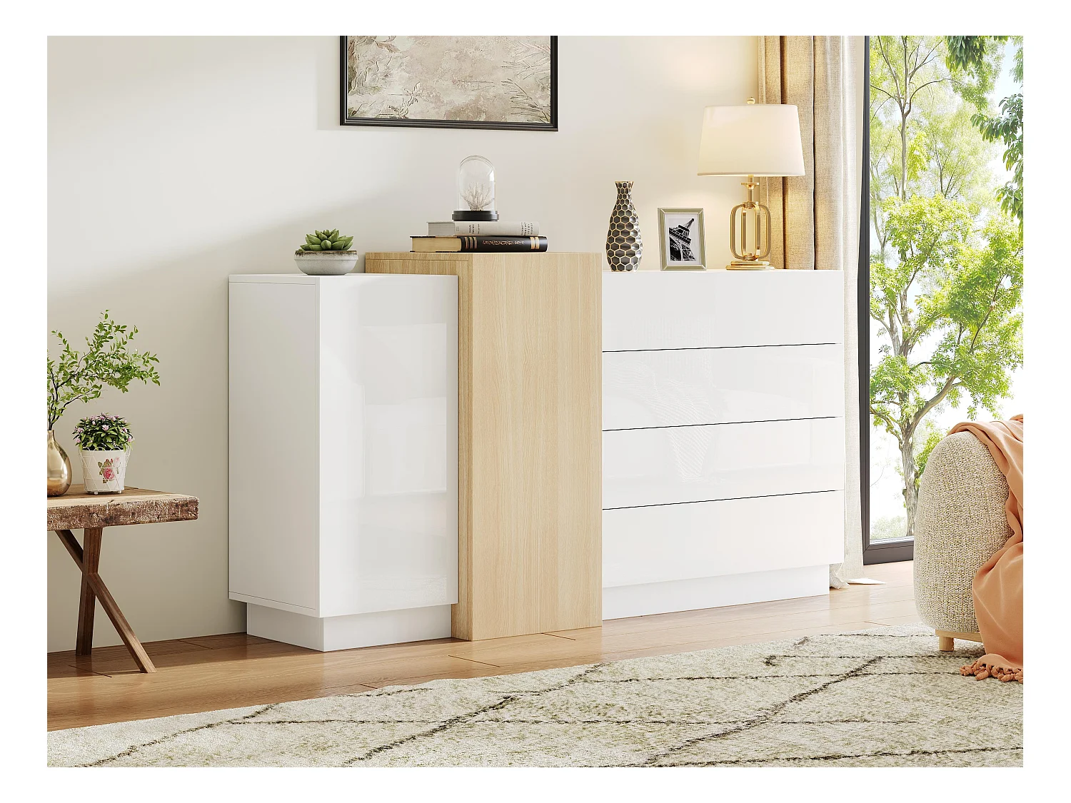 Credenza lucida 150x37x87 cm - con 2 ante - con 4 cassetti - MDF - bianco