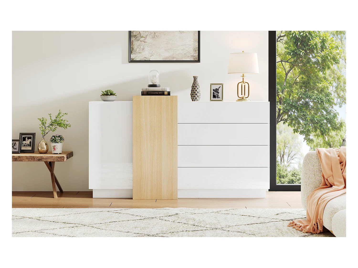Credenza lucida 150x37x87 cm - con 2 ante - con 4 cassetti - MDF - bianco