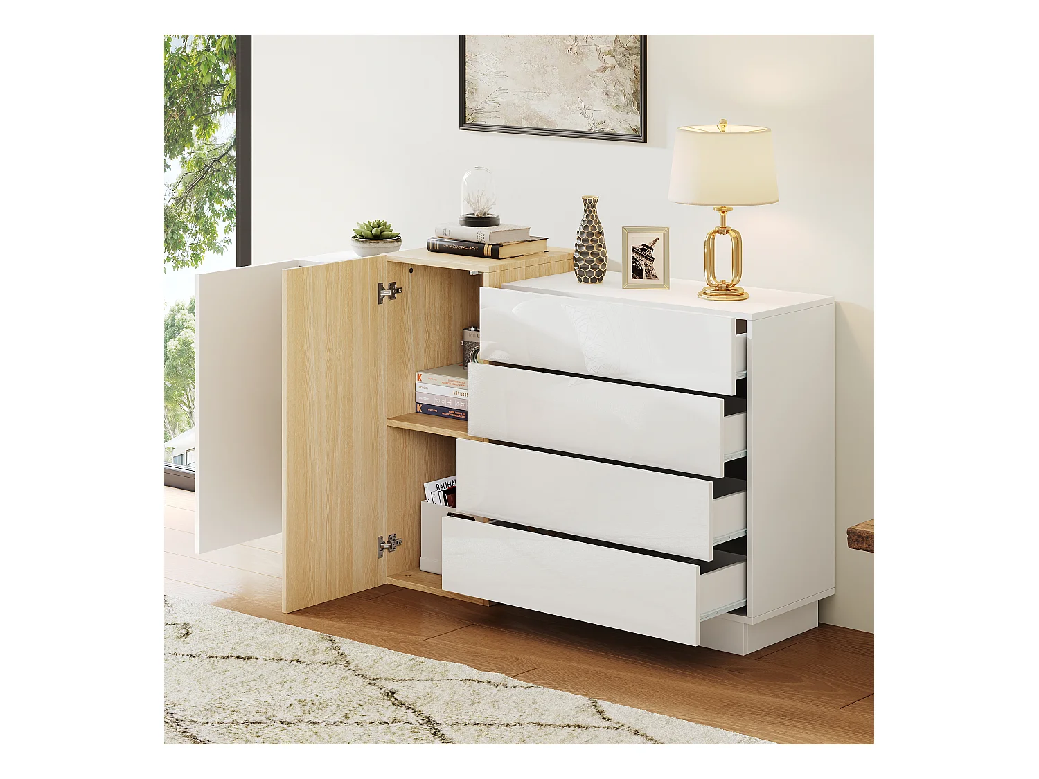 Credenza lucida 150x37x87 cm - con 2 ante - con 4 cassetti - MDF - bianco