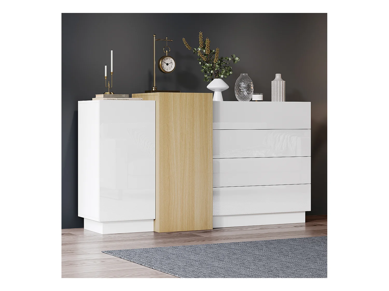Credenza lucida 150x37x87 cm - con 2 ante - con 4 cassetti - MDF - bianco