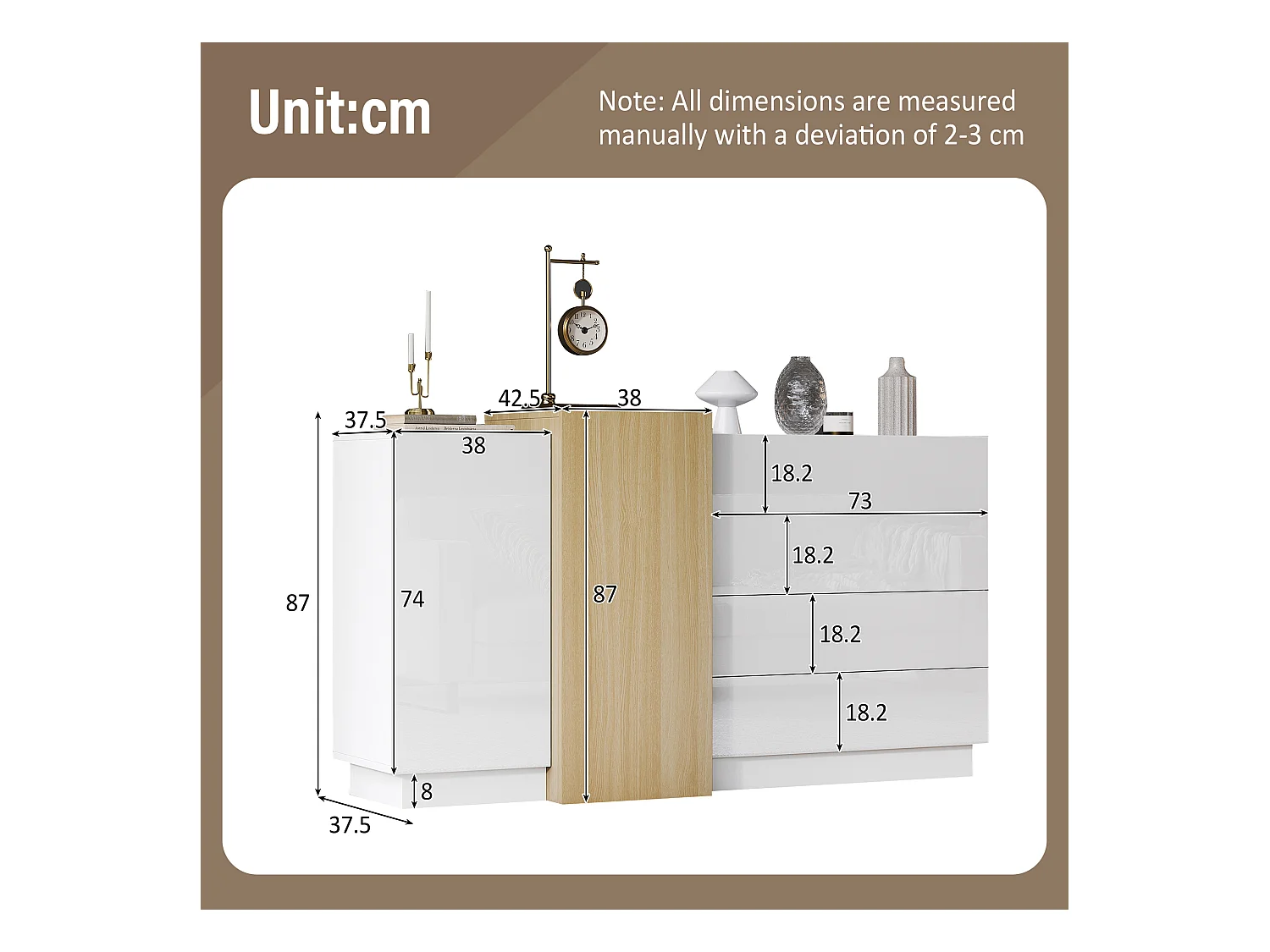 Credenza lucida 150x37x87 cm - con 2 ante - con 4 cassetti - MDF - bianco
