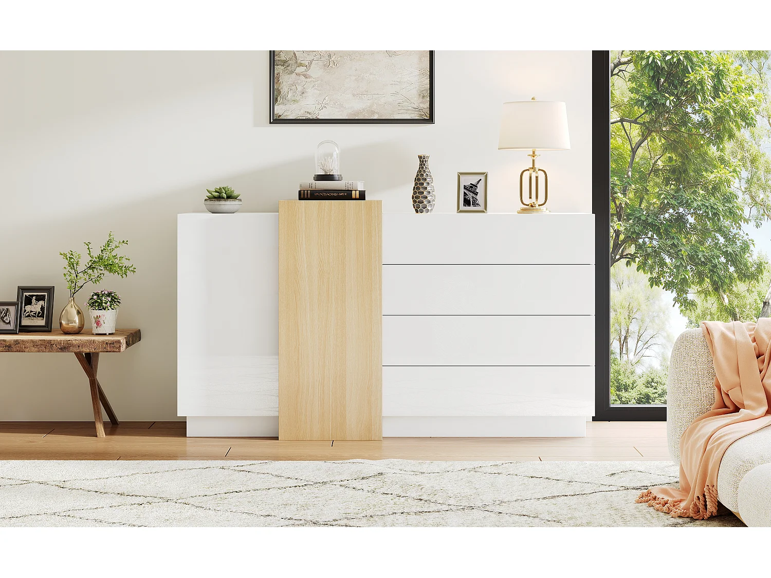 Buffet brillant 150x37x87cm - avec 2 portes - avec 4 tiroirs - MDF - blanc