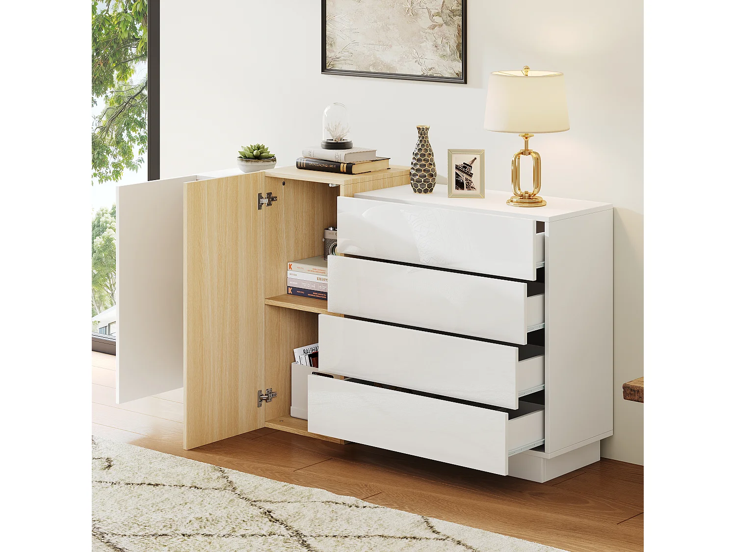 Buffet brillant 150x37x87cm - avec 2 portes - avec 4 tiroirs - MDF - blanc