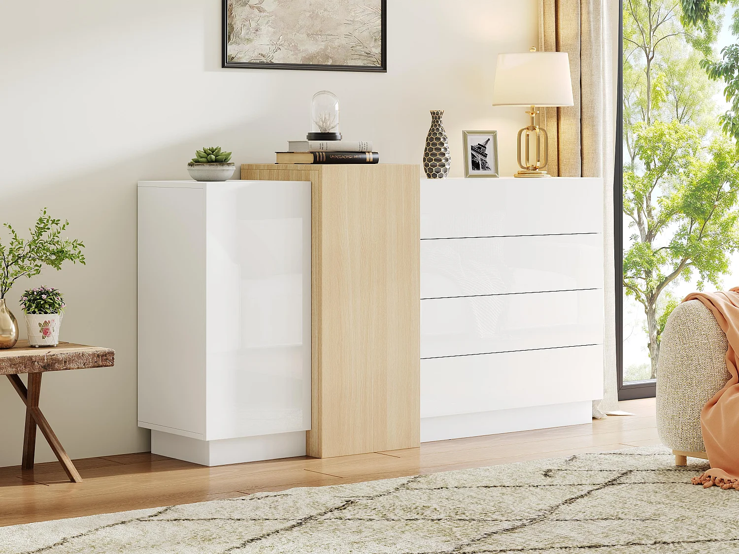 Buffet brillant 140x35x81cm - avec 2 portes - avec 4 tiroirs - MDF - blanc