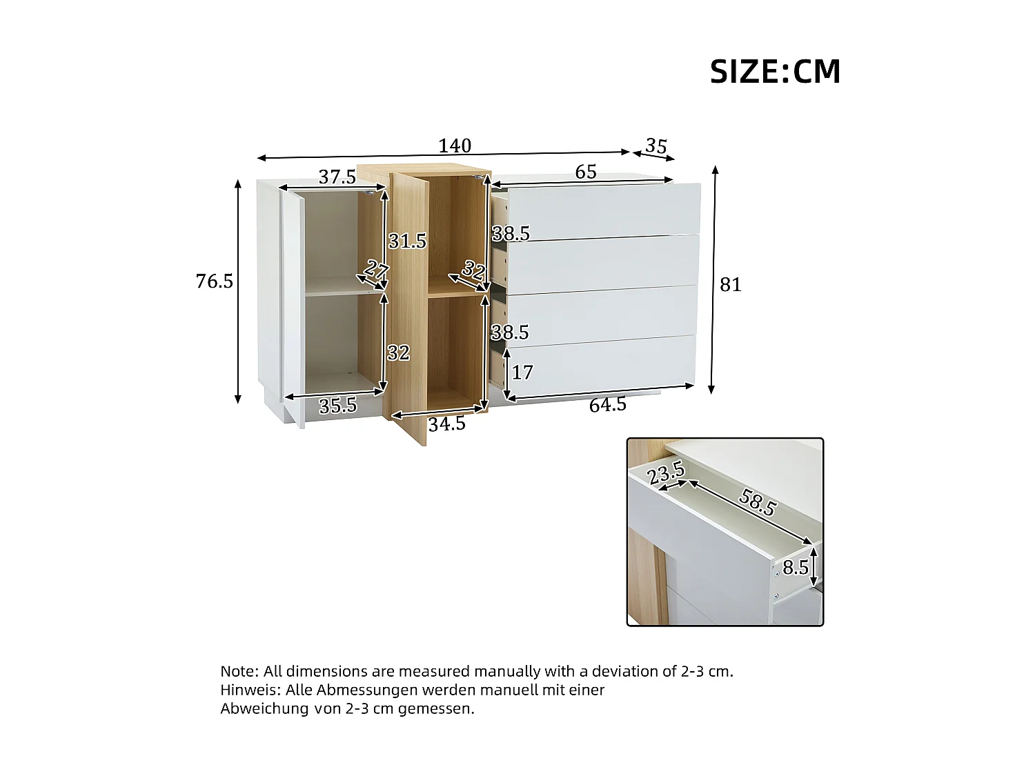 Buffet brillant 140x35x81cm - avec 2 portes - avec 4 tiroirs - MDF - blanc