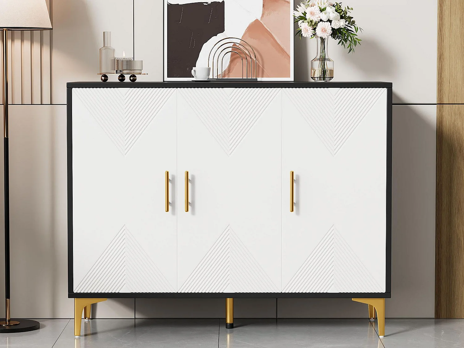 Buffé 120x40x88 cm - con 3 puertas - tiradores y patas doradas - aglomerado - blanco + negro