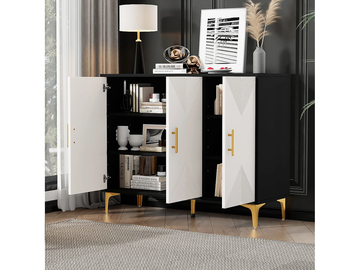 Buffé 120x40x88 cm - con 3 puertas - tiradores y patas doradas - aglomerado - blanco + negro