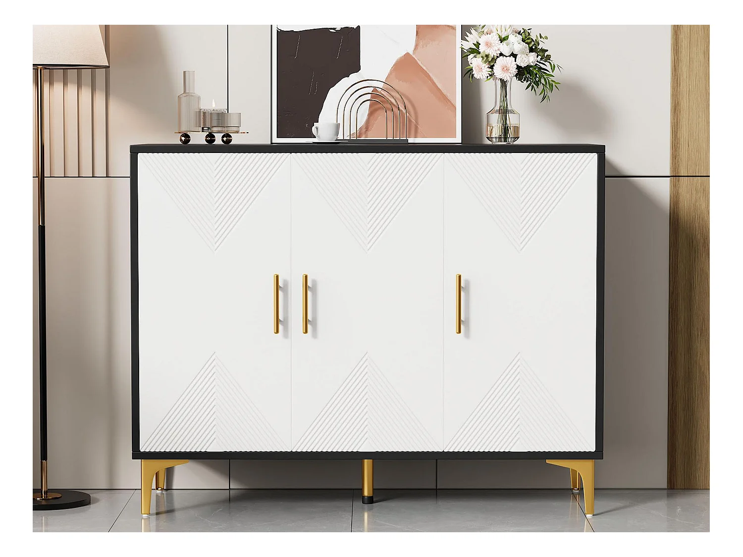 Buffet120x40x88cm - avec 3 portes - poignées et pieds dorés - aggloméré - blanc + noir