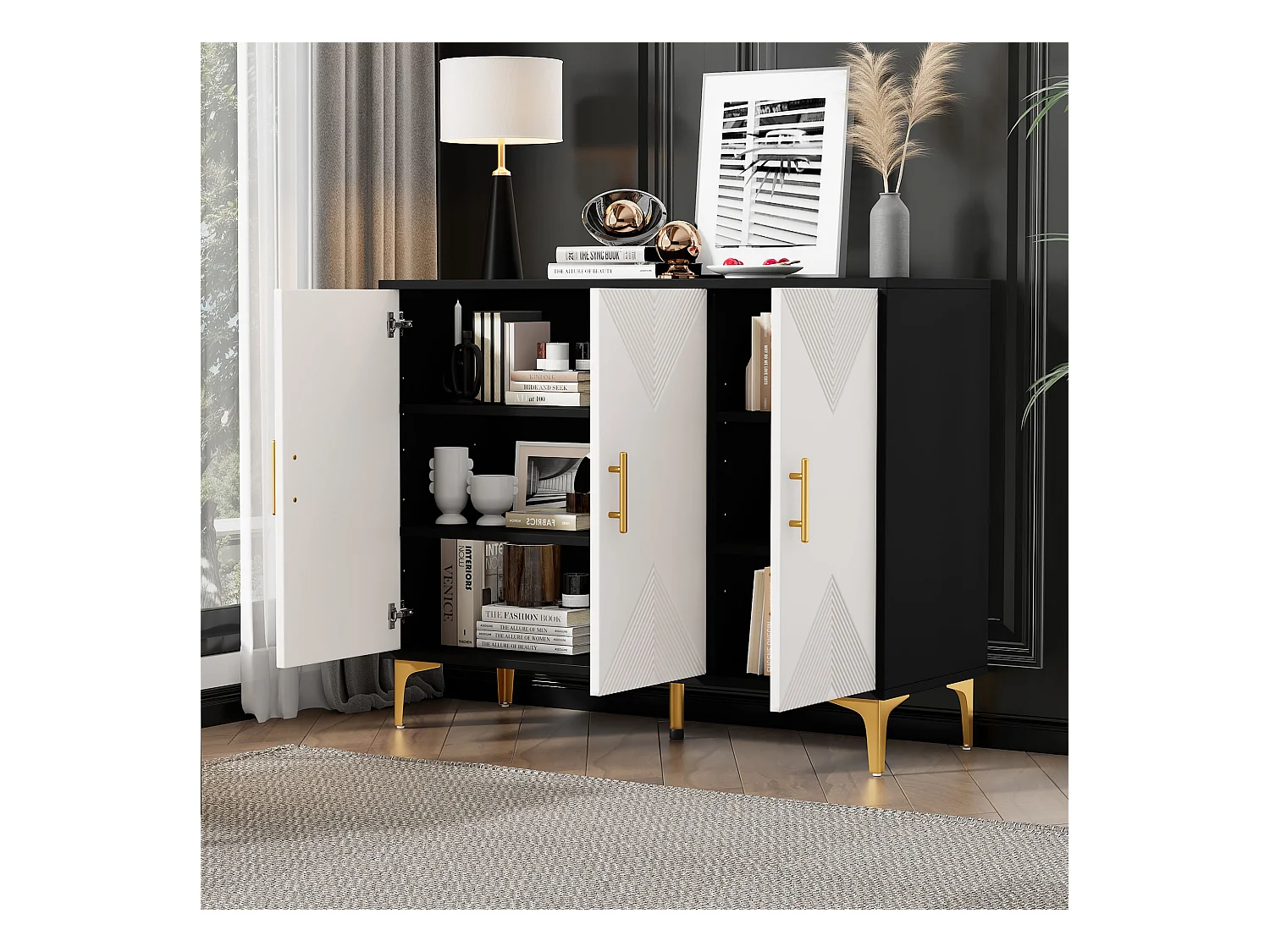 Buffet120x40x88cm - avec 3 portes - poignées et pieds dorés - aggloméré - blanc + noir