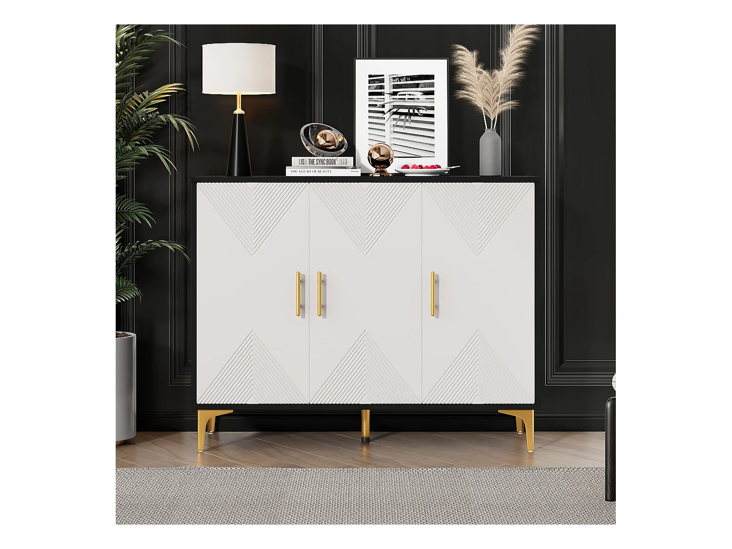 Buffet120x40x88cm - avec 3 portes - poignées et pieds dorés - aggloméré - blanc + noir