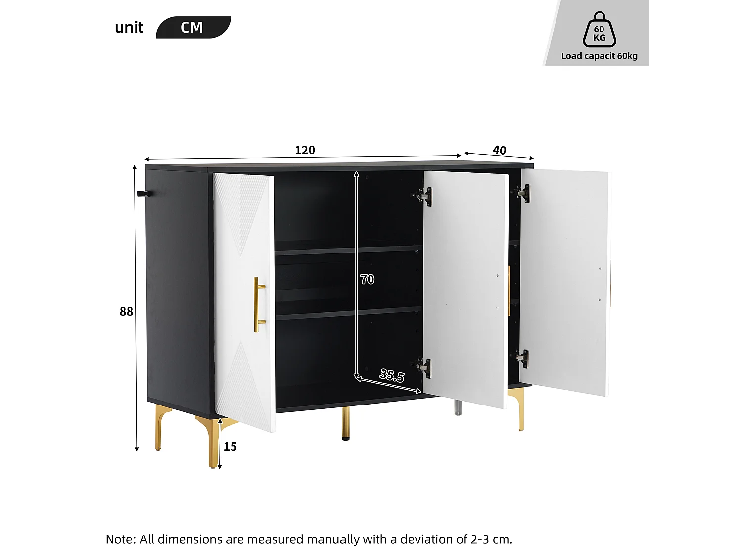 Anrichte 120x40x88 cm - mit 3 Türen - goldene Griffe und Füße - Spanplatte - weiß + schwarz