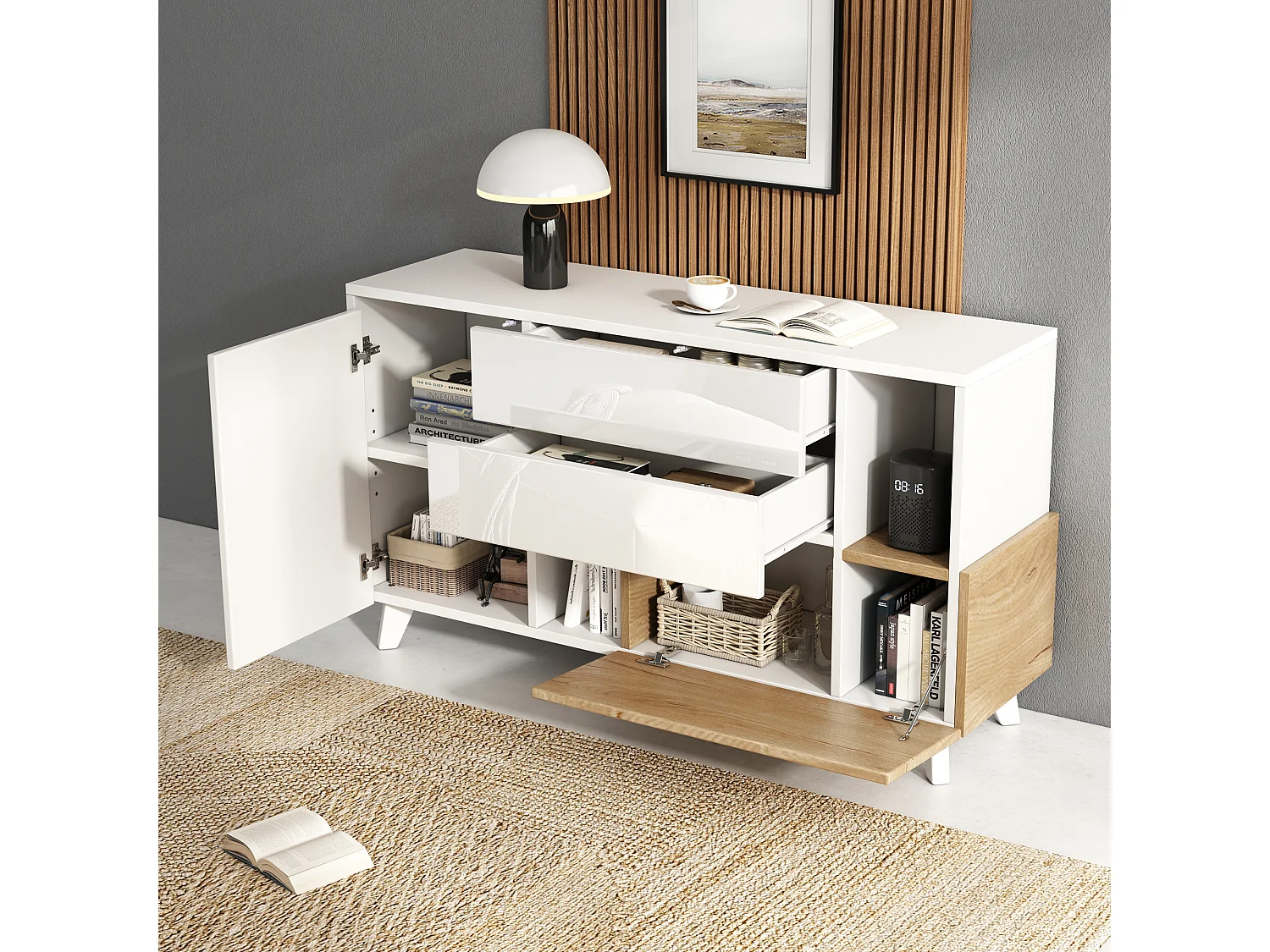 Credenza lucida 130x40x70 cm - 2 ante - 2 cassetti - con scomparti per riporre - bianco