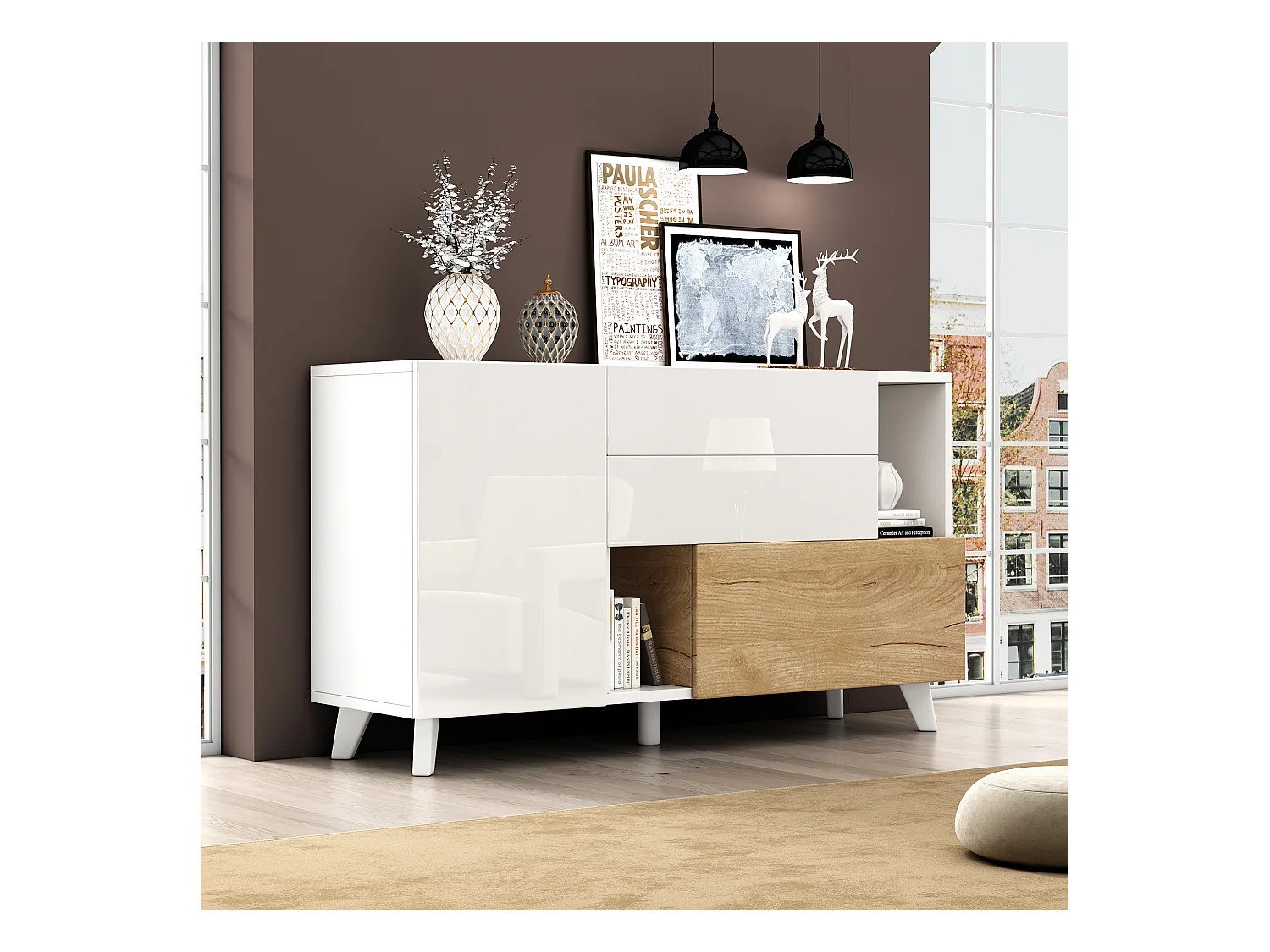 Credenza lucida 130x40x70 cm - 2 ante - 2 cassetti - con scomparti per riporre - bianco