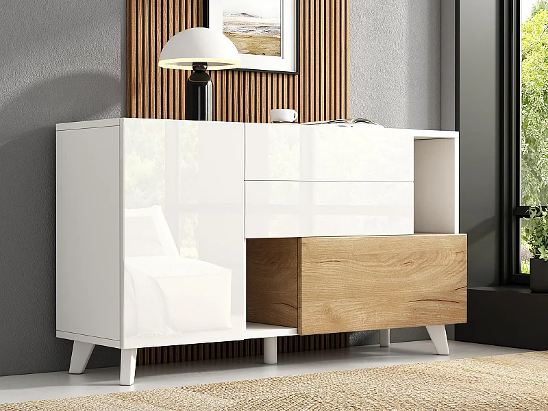 Buffet brillant 130x40x70cm - 2 portes - 2 tiroirs - avec compartiments de rangement - blanc