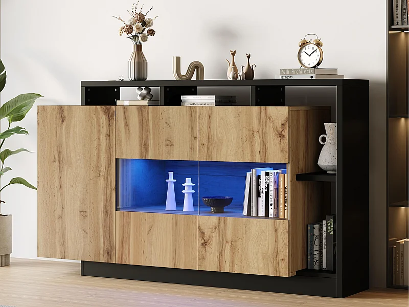 Buffé contemporáneo 140x44x94 cm - con iluminación LED - con 3 puertas - natural