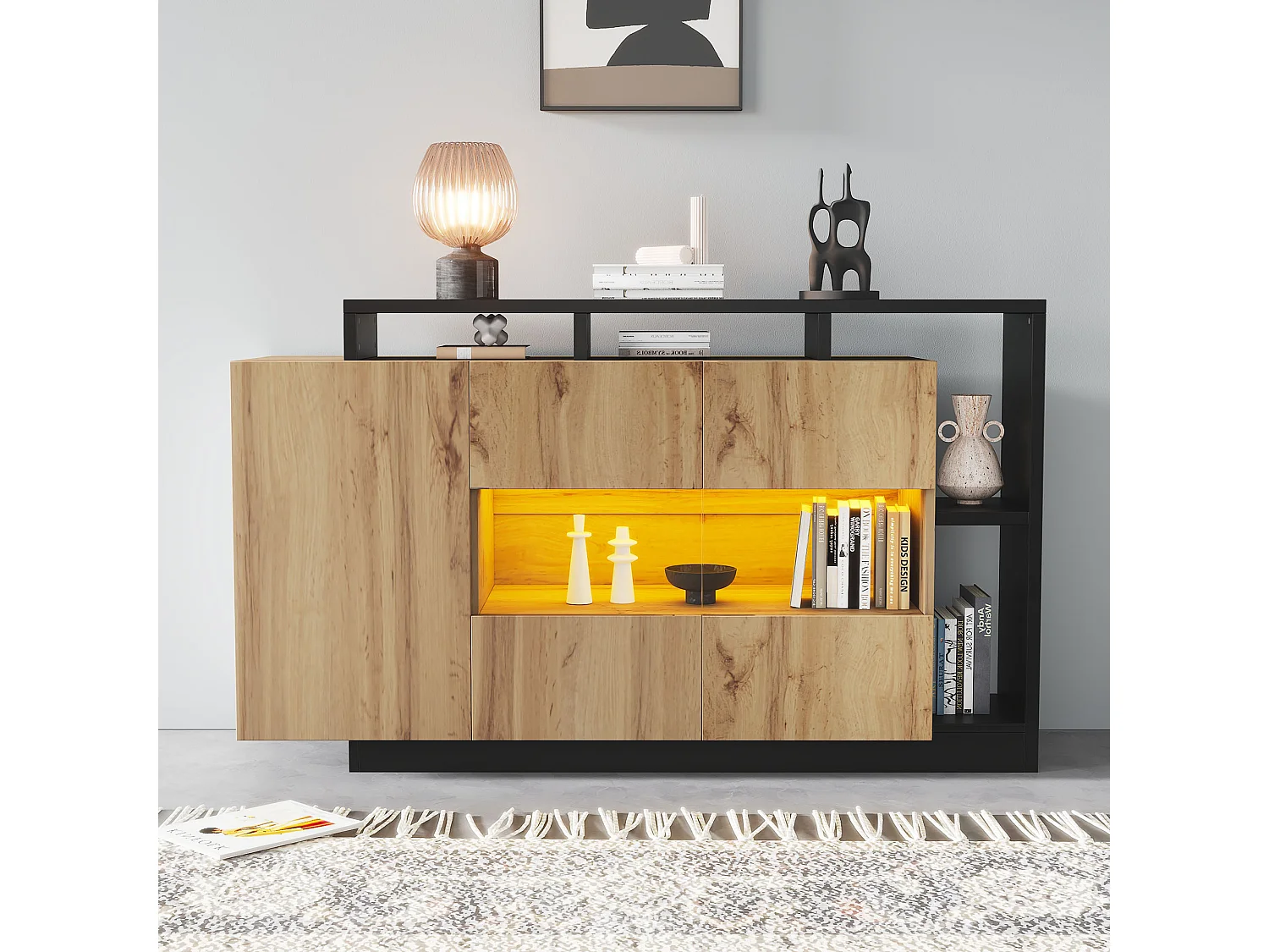 Buffet contemporain 140x44x94cm - avec éclairage LED - avec 3 portes - naturel