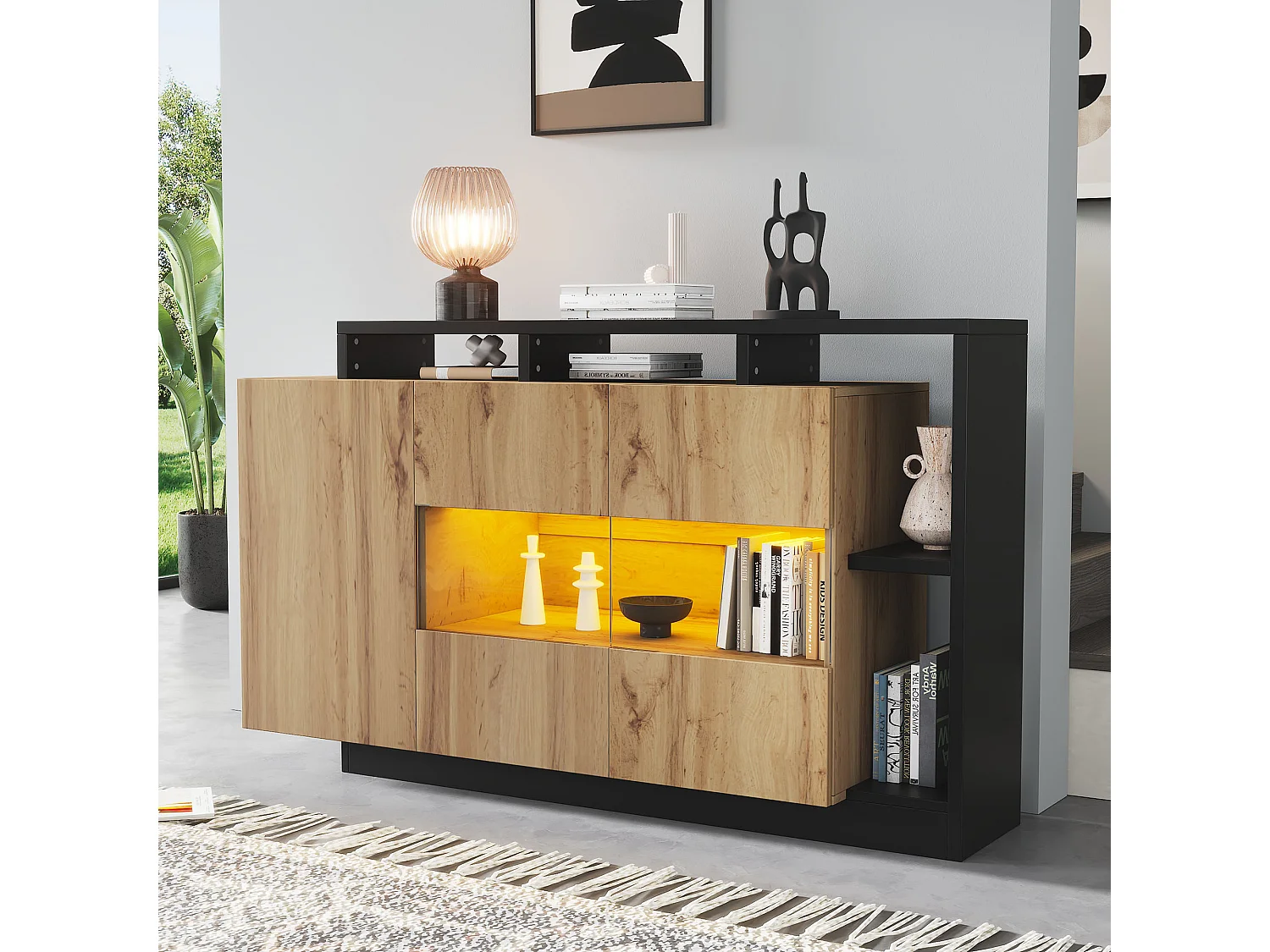 Buffet contemporain 140x44x94cm - avec éclairage LED - avec 3 portes - naturel