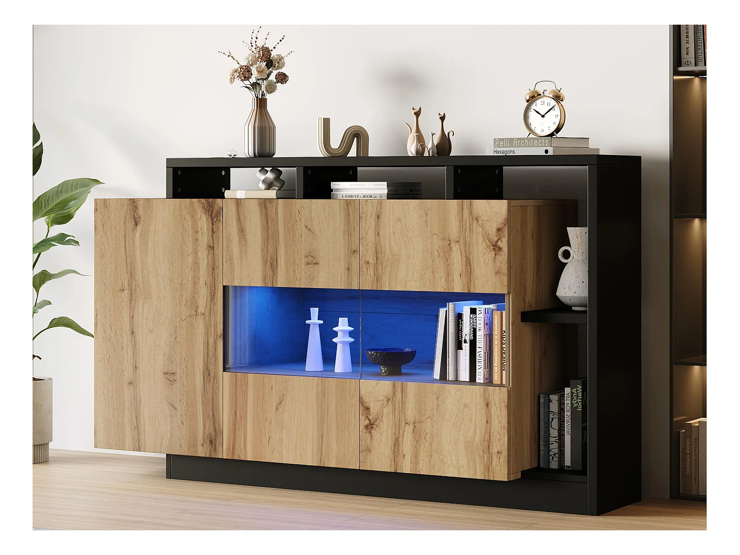 Buffet contemporain 140x44x94cm - avec éclairage LED - avec 3 portes - naturel