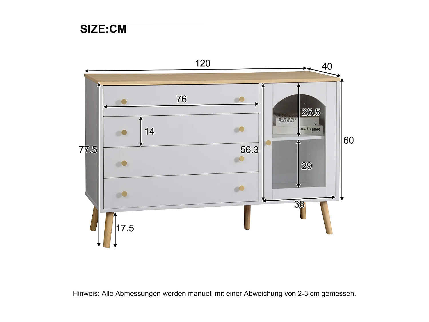 Buffet 40x120x77.5 cm - avec 4 tiroirs - avec 1 porte - panneaux de particules + verre - blanc