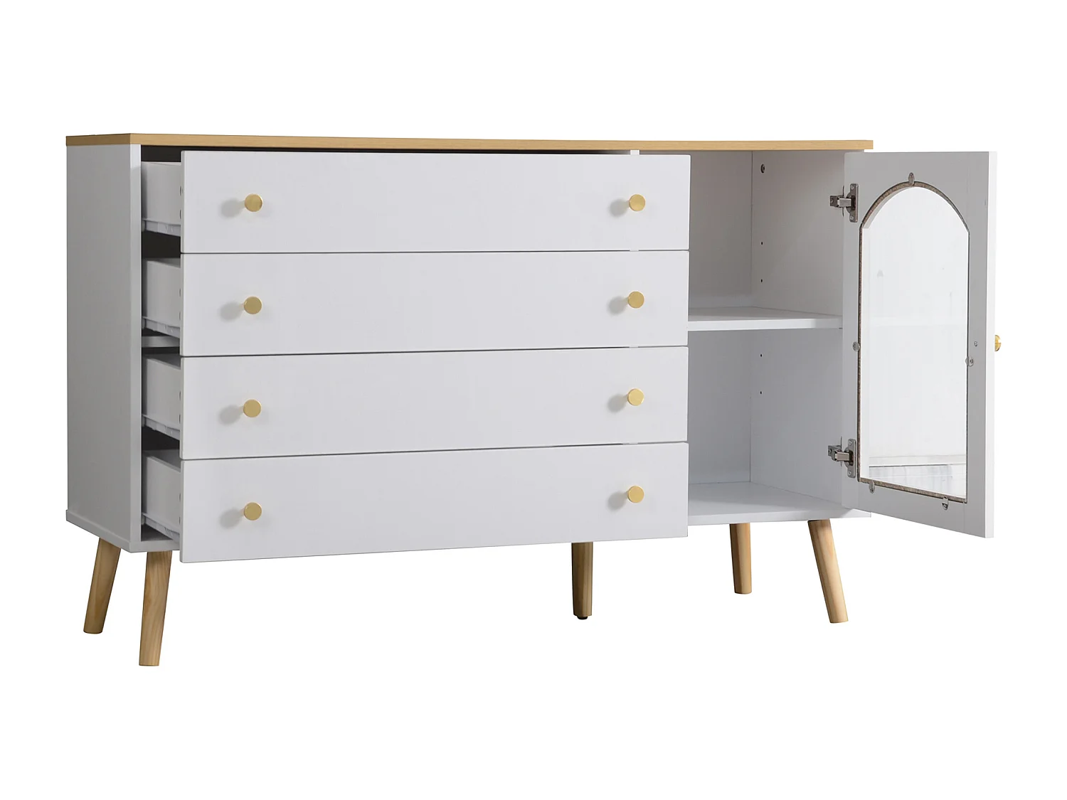 Buffet 40x120x77.5 cm - avec 4 tiroirs - avec 1 porte - panneaux de particules + verre - blanc