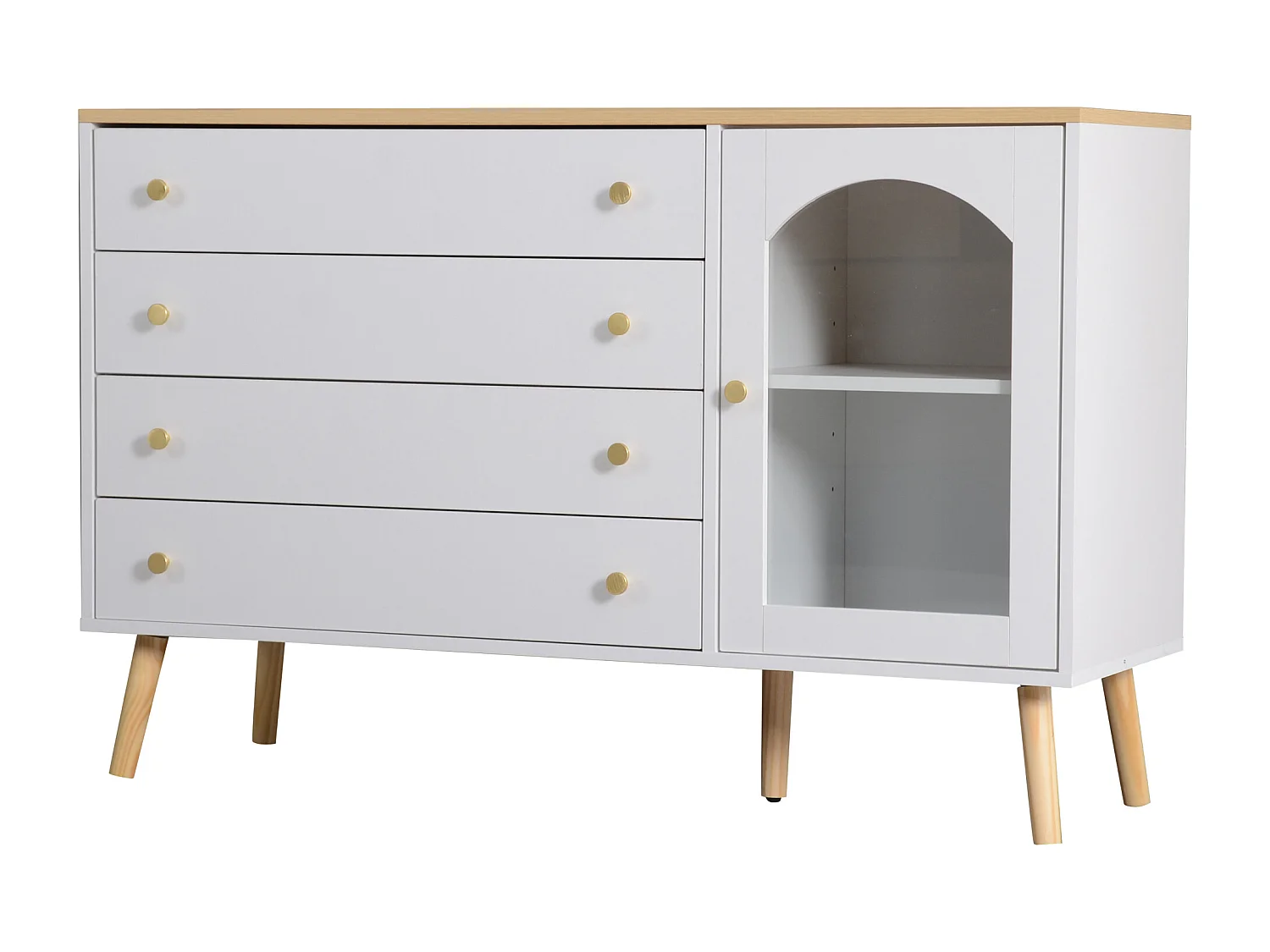 Buffet 40x120x77.5 cm - avec 4 tiroirs - avec 1 porte - panneaux de particules + verre - blanc