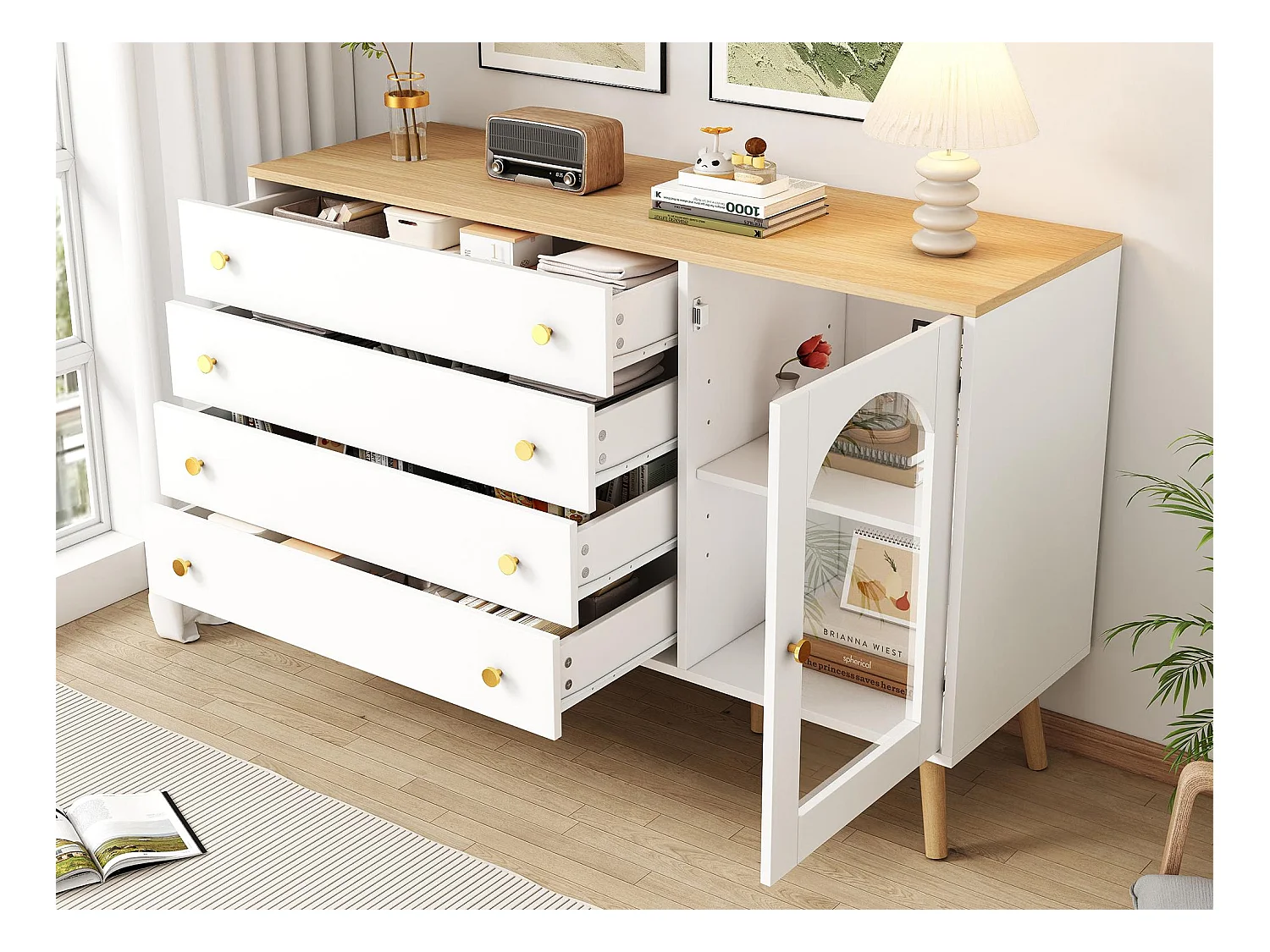 Buffet 40x120x77.5 cm - avec 4 tiroirs - avec 1 porte - panneaux de particules + verre - blanc