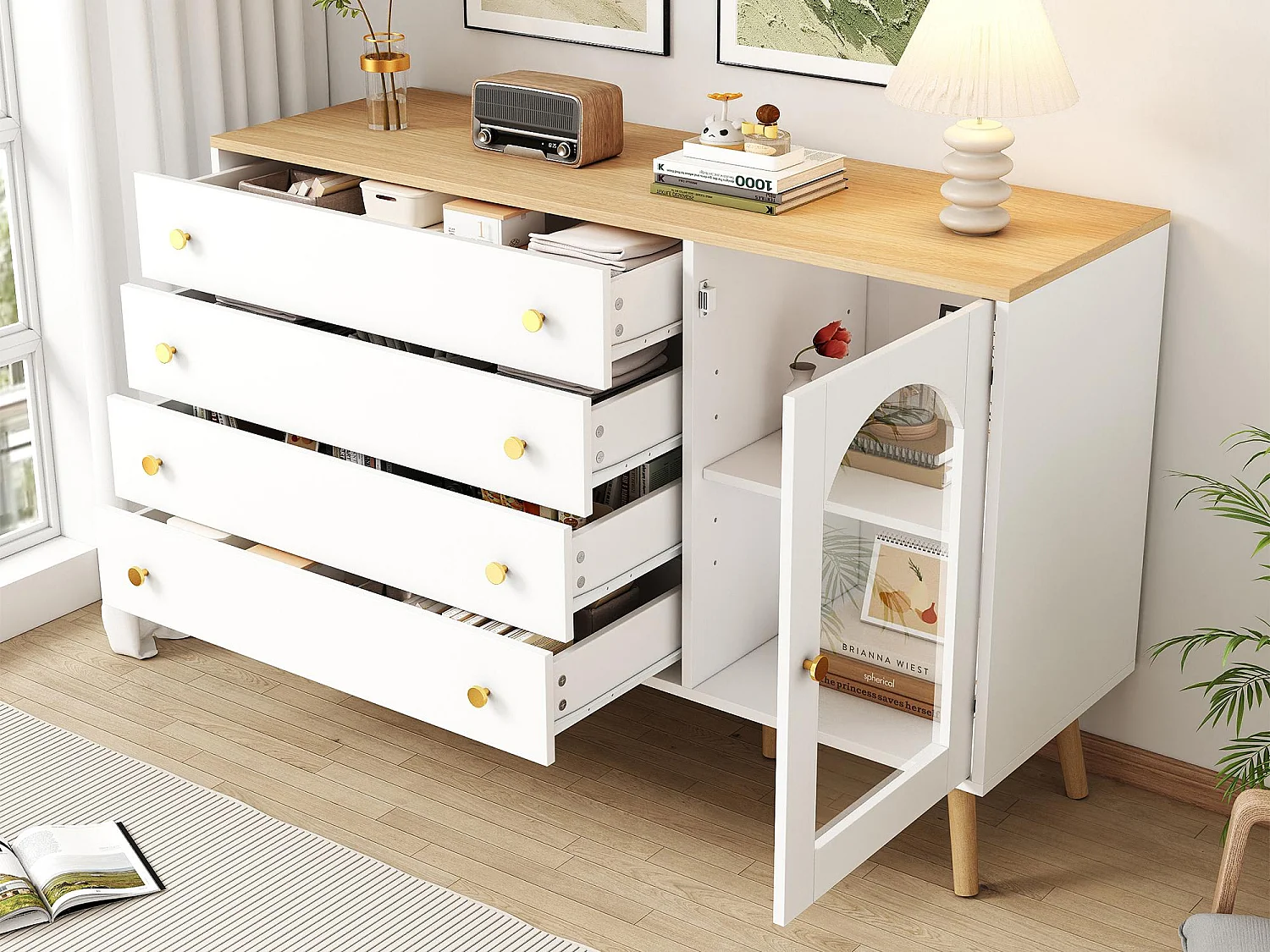 Buffet 40x120x77.5 cm - avec 4 tiroirs - avec 1 porte - panneaux de particules + verre - blanc