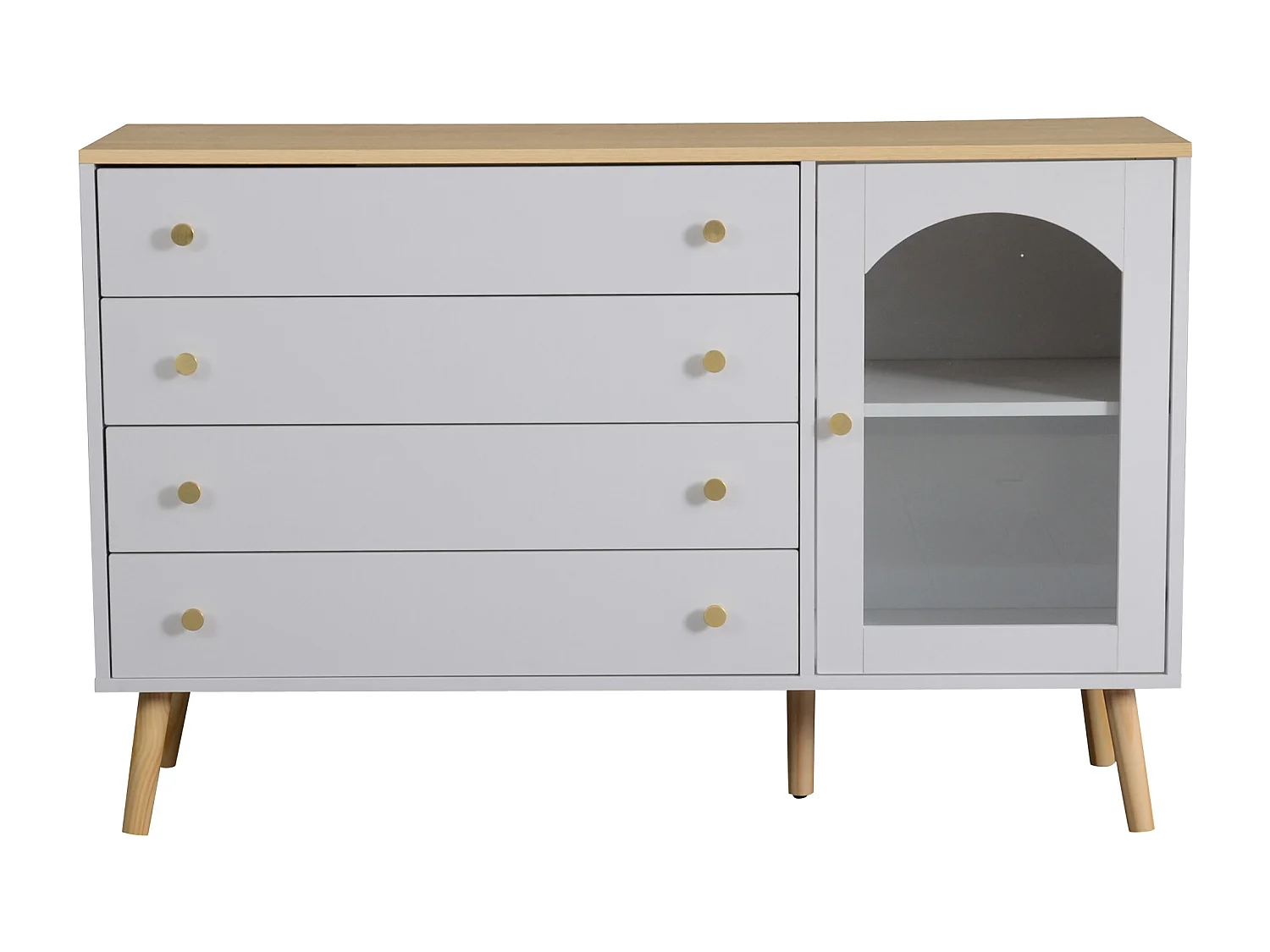 Buffet 40x120x77.5 cm - avec 4 tiroirs - avec 1 porte - panneaux de particules + verre - blanc