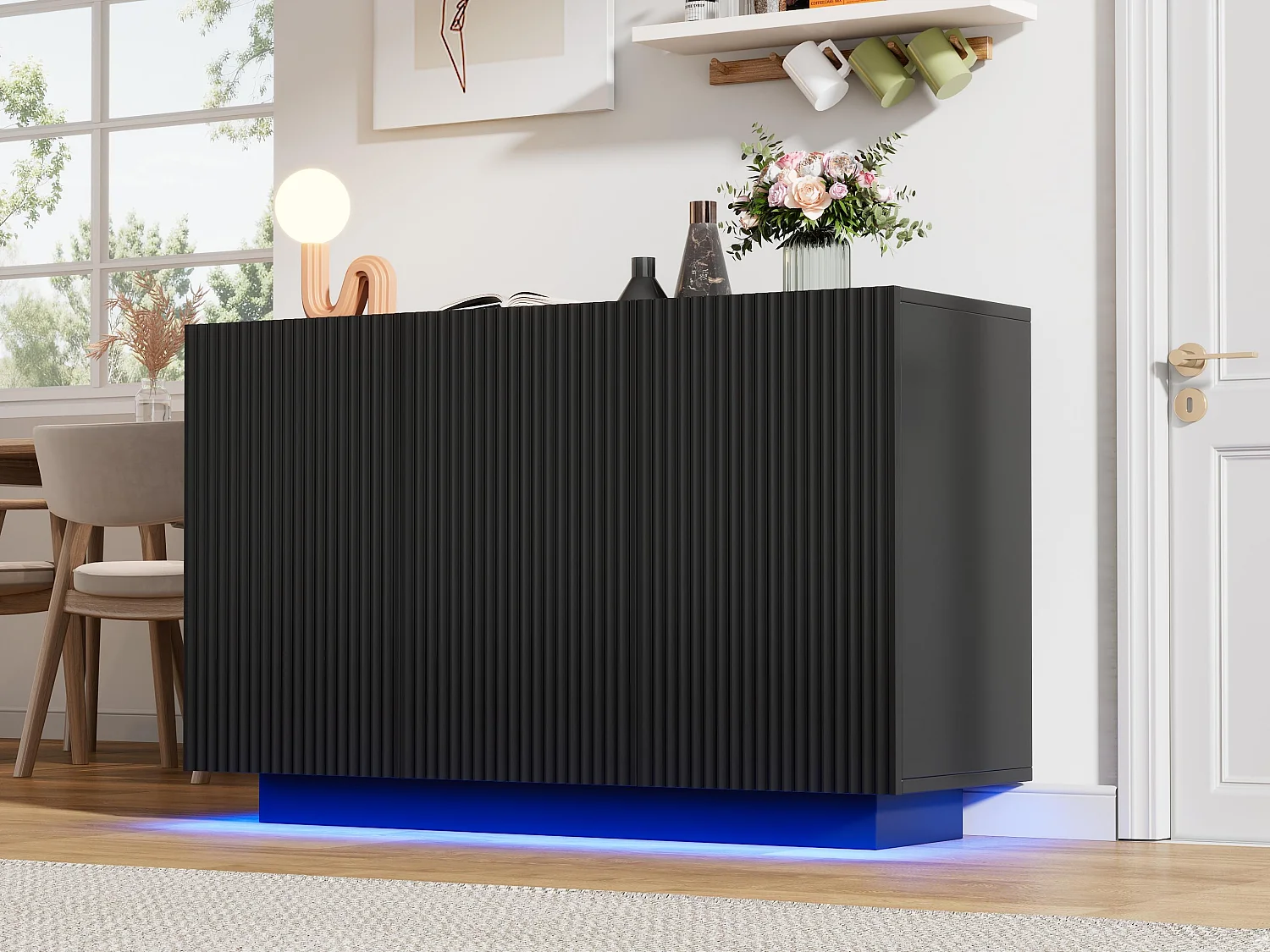 Bufet 120x40x75cm - z 3 drzwiami - z oświetleniem LED - Płyta wiórowa - czarny